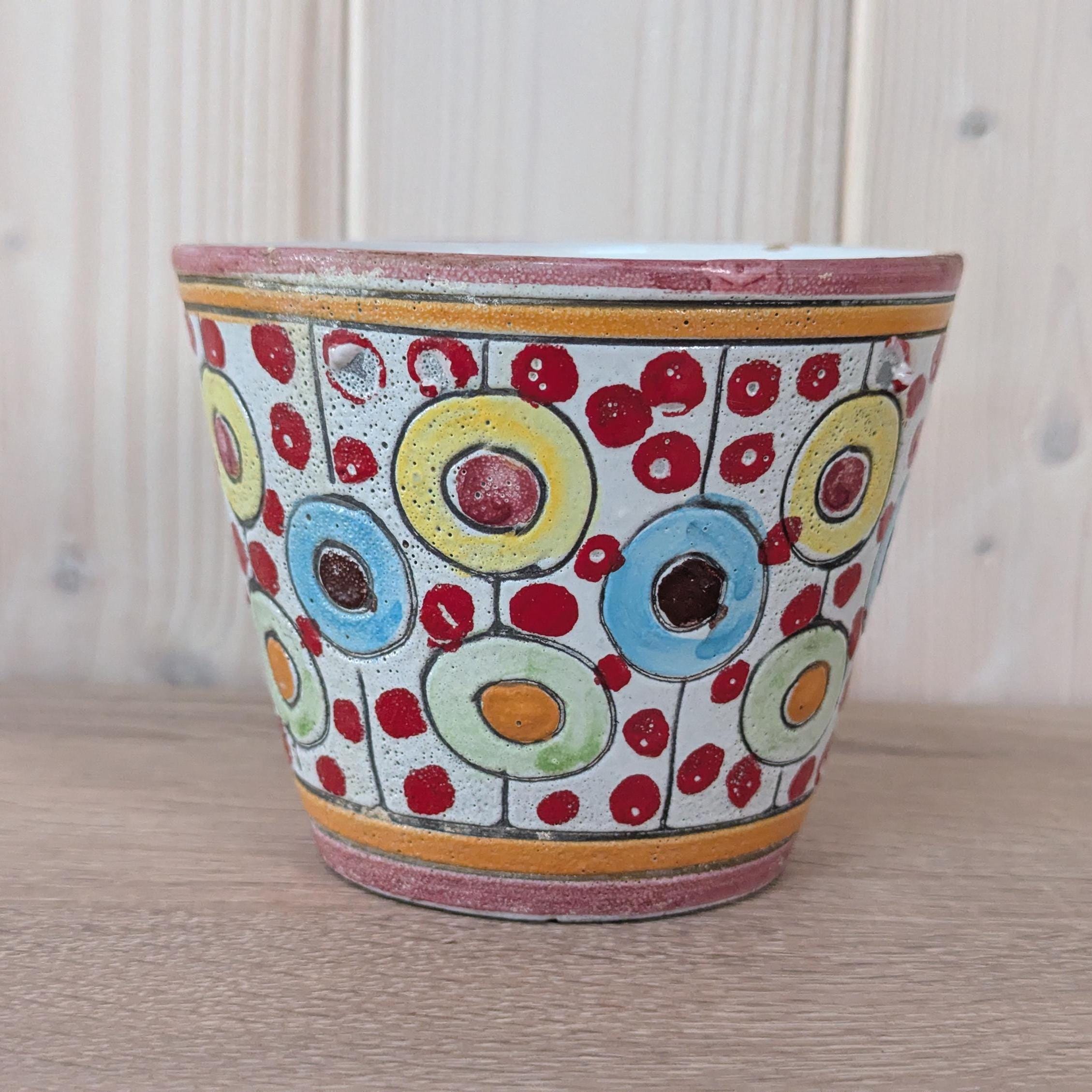 Colorful Italian Ceramic Planter, 1970s Art Pottery Flower Pot, Retro Mid Century Decor