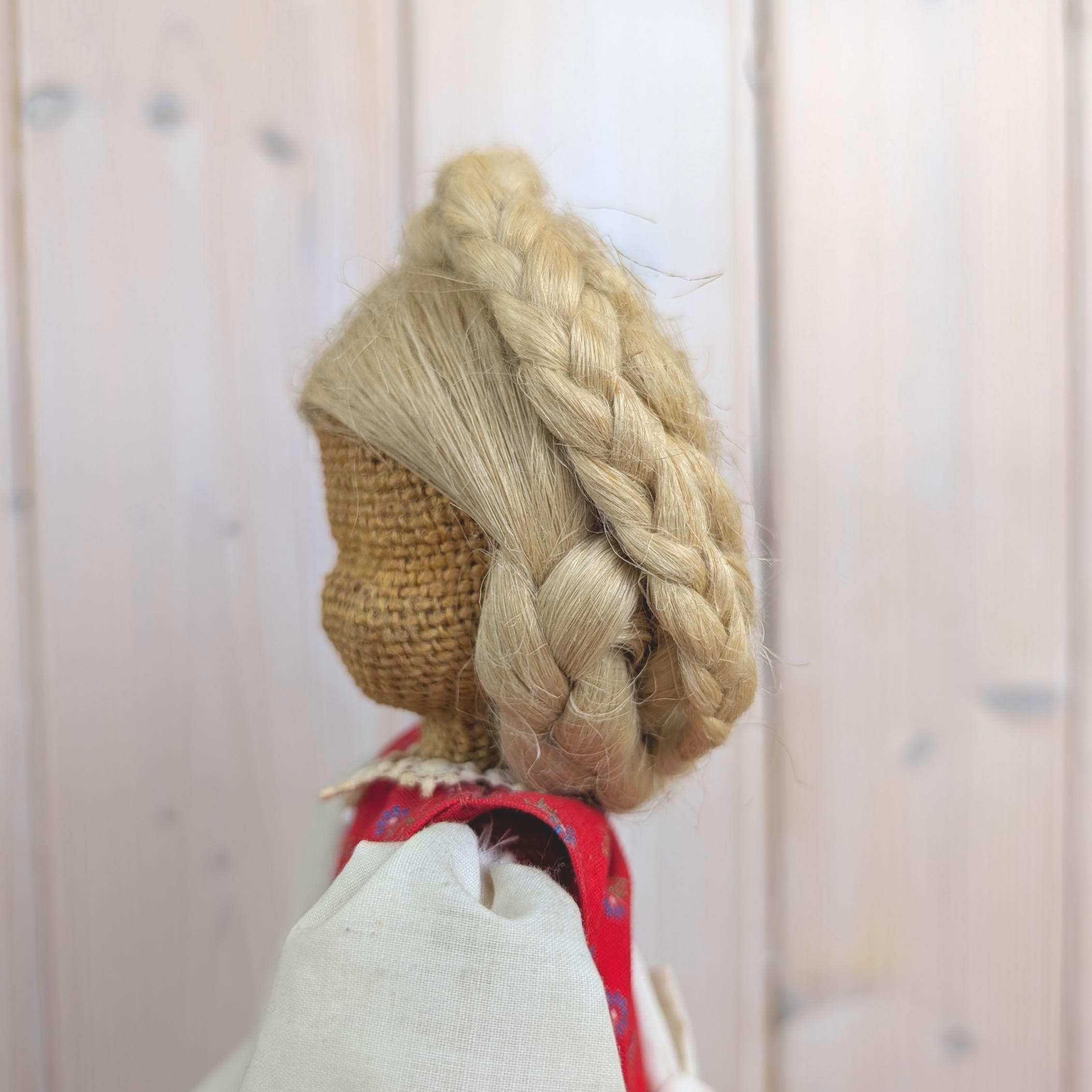 Vintage Folk Art Doll, Jute Cone Body, Red Floral Dress, Broderie Anglaise Apron, Braided Hair, 1960s, European Handmade Decorative Doll