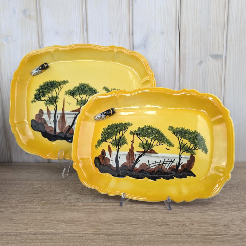 Vallauris A Ferlay Yellow Ceramic Platter with 3D Cicada, Provencal Landscape, French Pottery 1950s, Wall Decor or Serving Dish