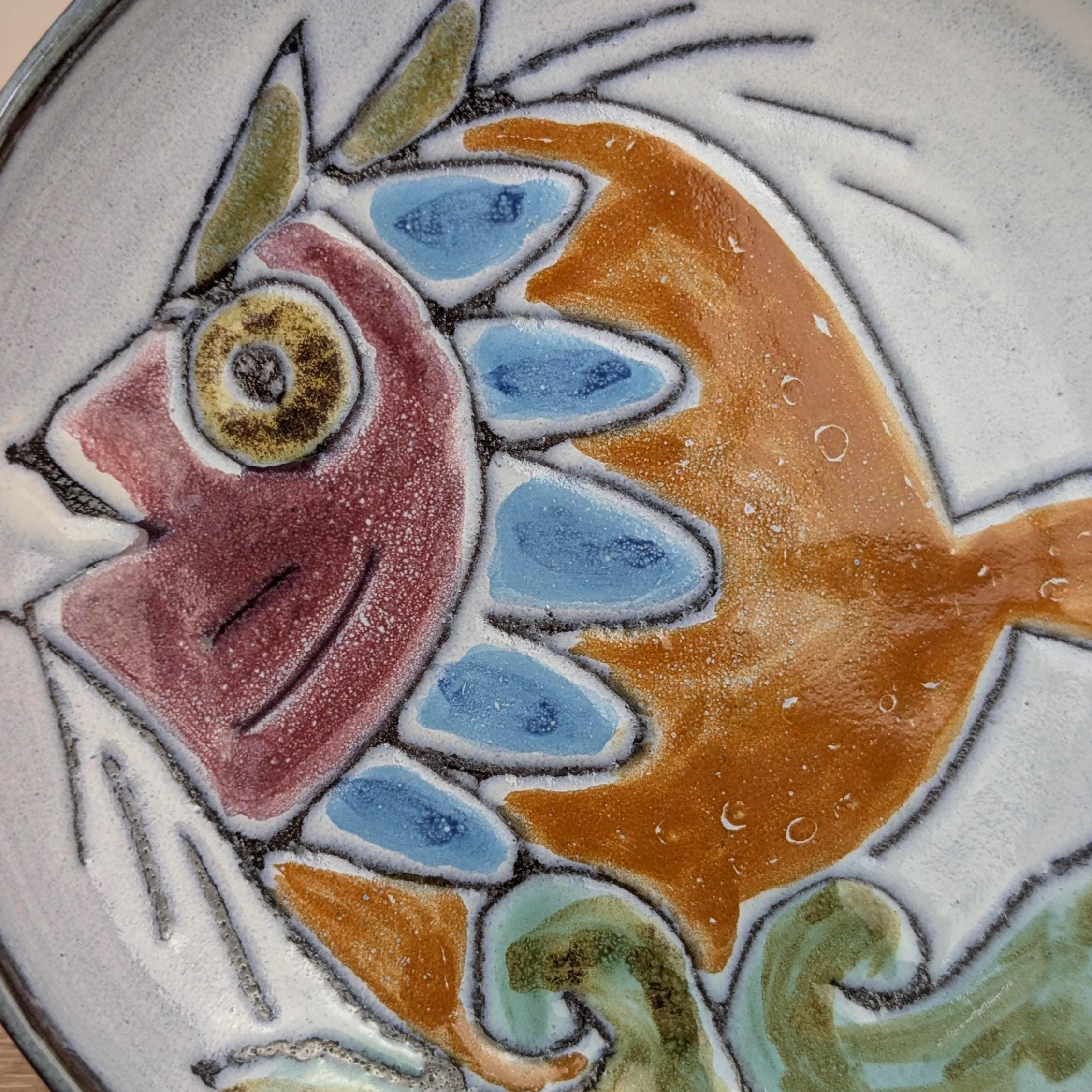 José Serigado Portugal Ceramic Fish Dish, Vintage 1970s Hand-Painted Signed Studio Pottery Alcobaca, Ring Dish Trinket Bowl Wall Decor