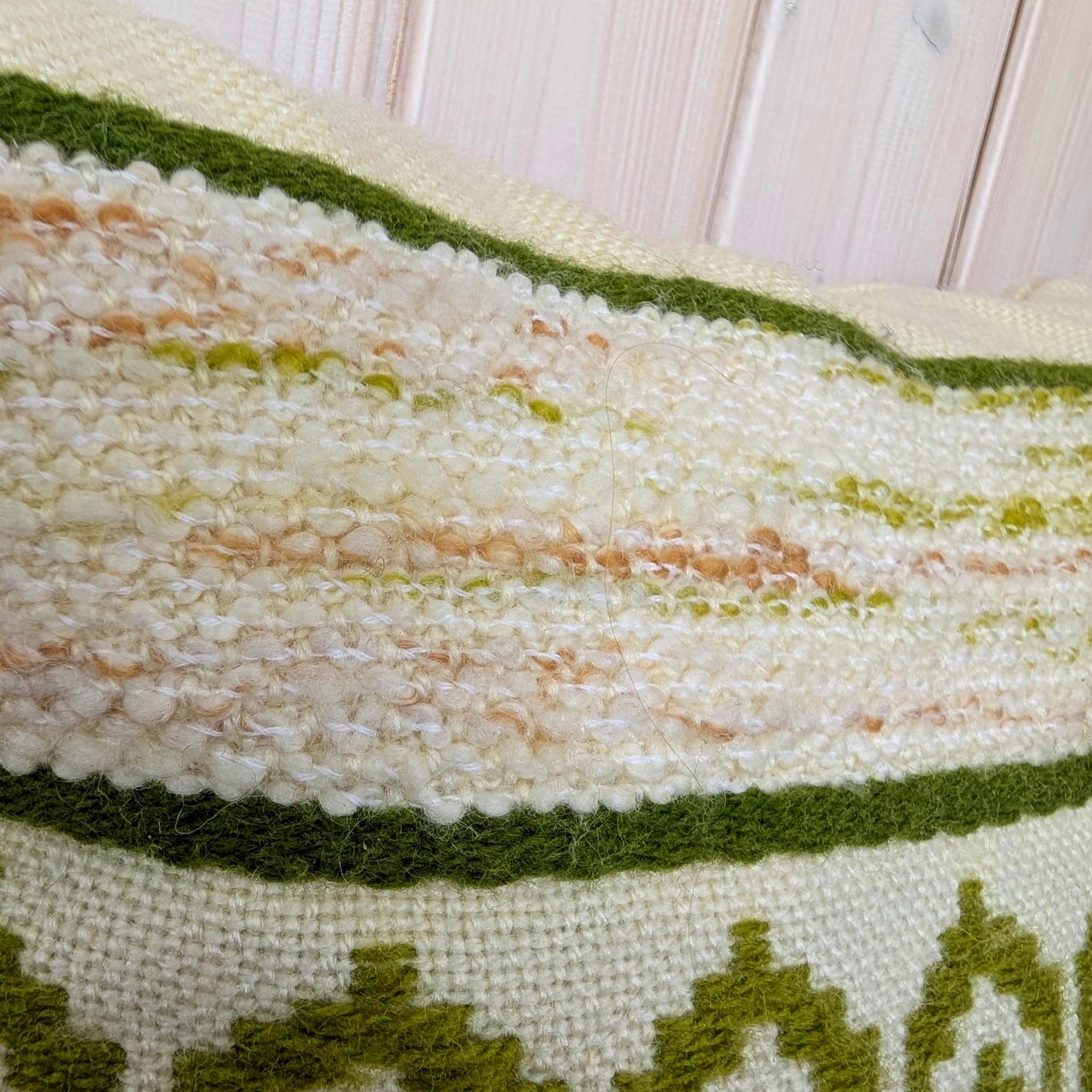 Vintage 1970s Green Needlepoint Cushion with Boucle Weave, Hand Embroidered Geometric Folk Pattern, Retro Home Decor with Insert