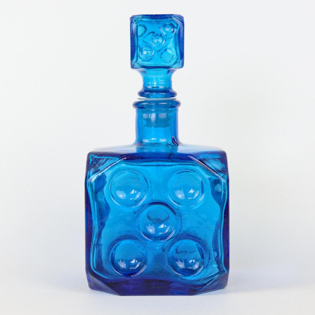 Empoli Italian Blue Glass Decanter, Cube Form, Bubble Relief, Dice Stopper, 1960s Mid-Century Art Glass Italy