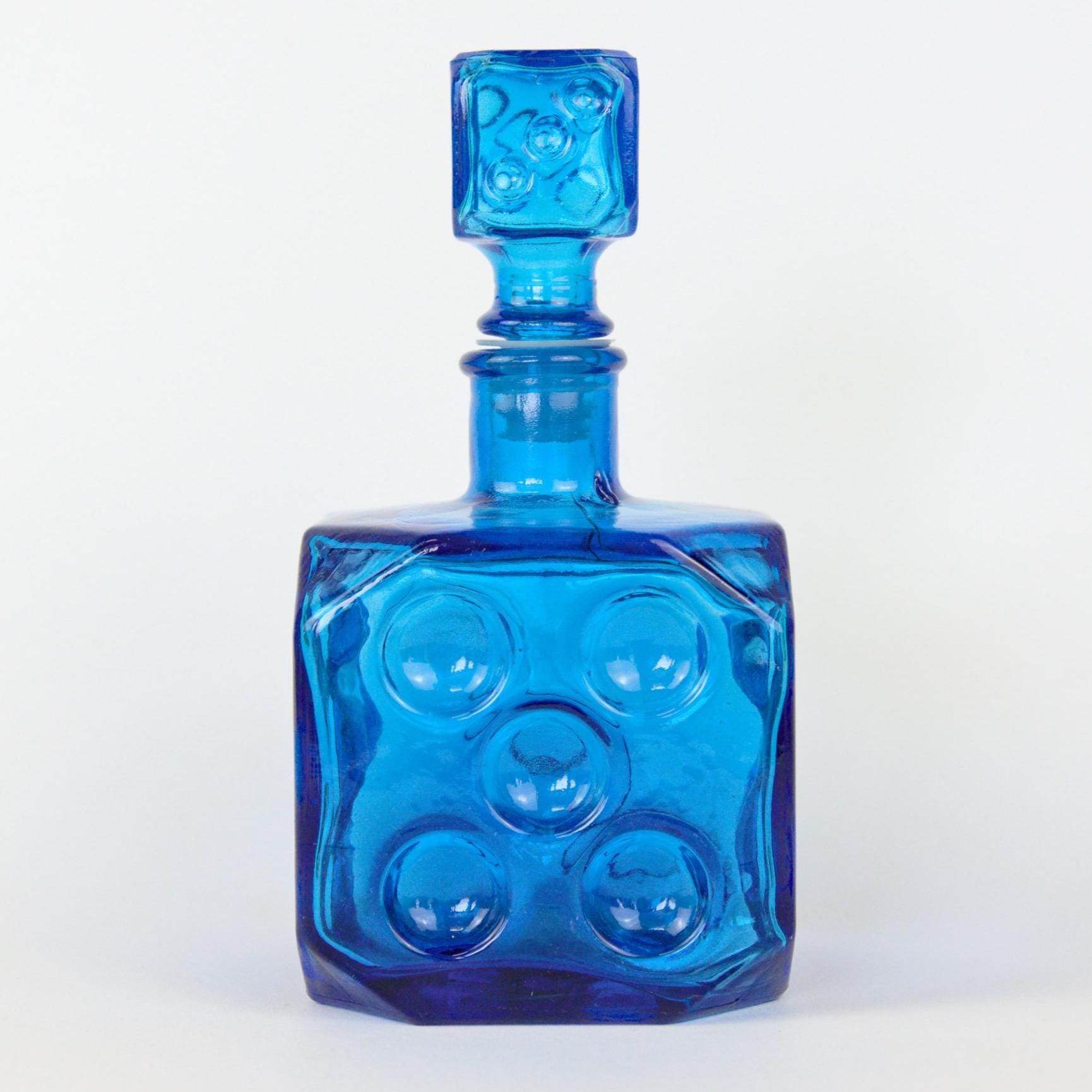 Empoli Italian Blue Glass Decanter, Cube Form, Bubble Relief, Dice Stopper, 1960s Mid-Century Art Glass Italy