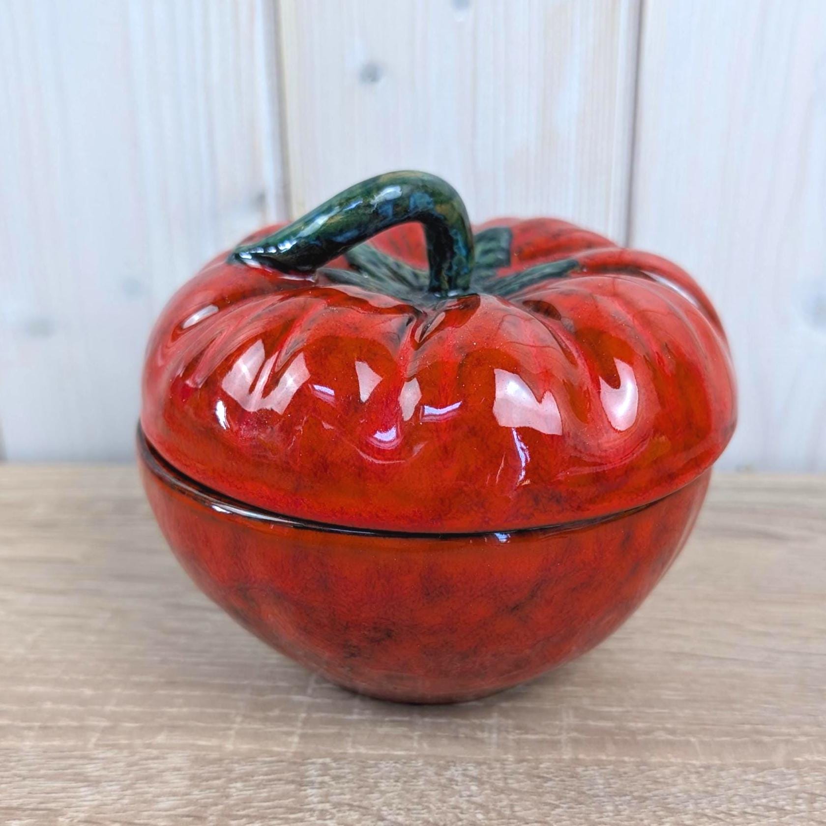 Vintage Italian Ceramic Tomato Lidded Box, Red Flambe Glaze, Figural Tomato Jar with Lid, Italy Model 67166, 1960s–1970s
