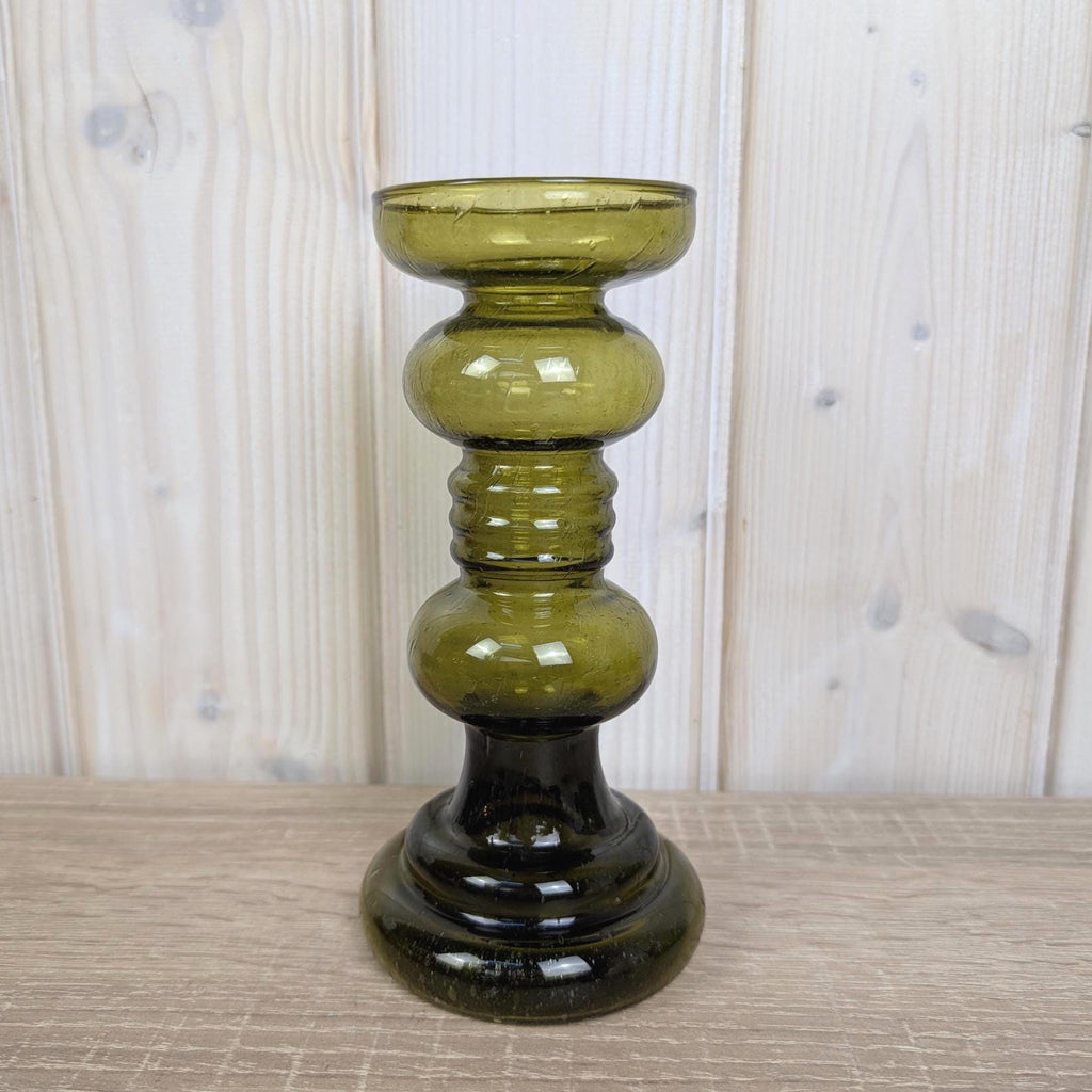 Vintage olive green glass vase candleholder, handblown art glass, Ingrid Glas, Germany, 1970s