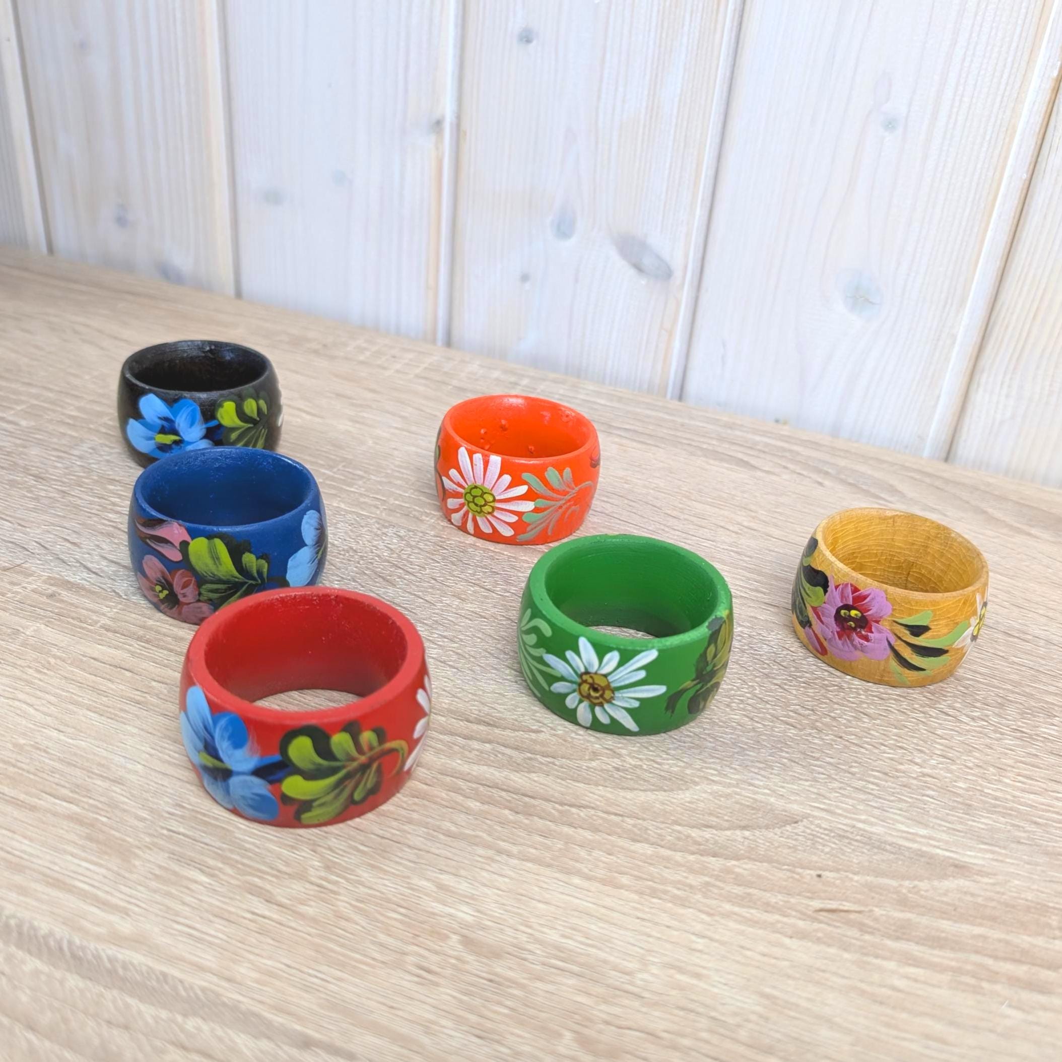 Set of 6 Hand Painted Wooden Napkin Rings, Folk Art Floral, Eastern European Vintage, 1970s
