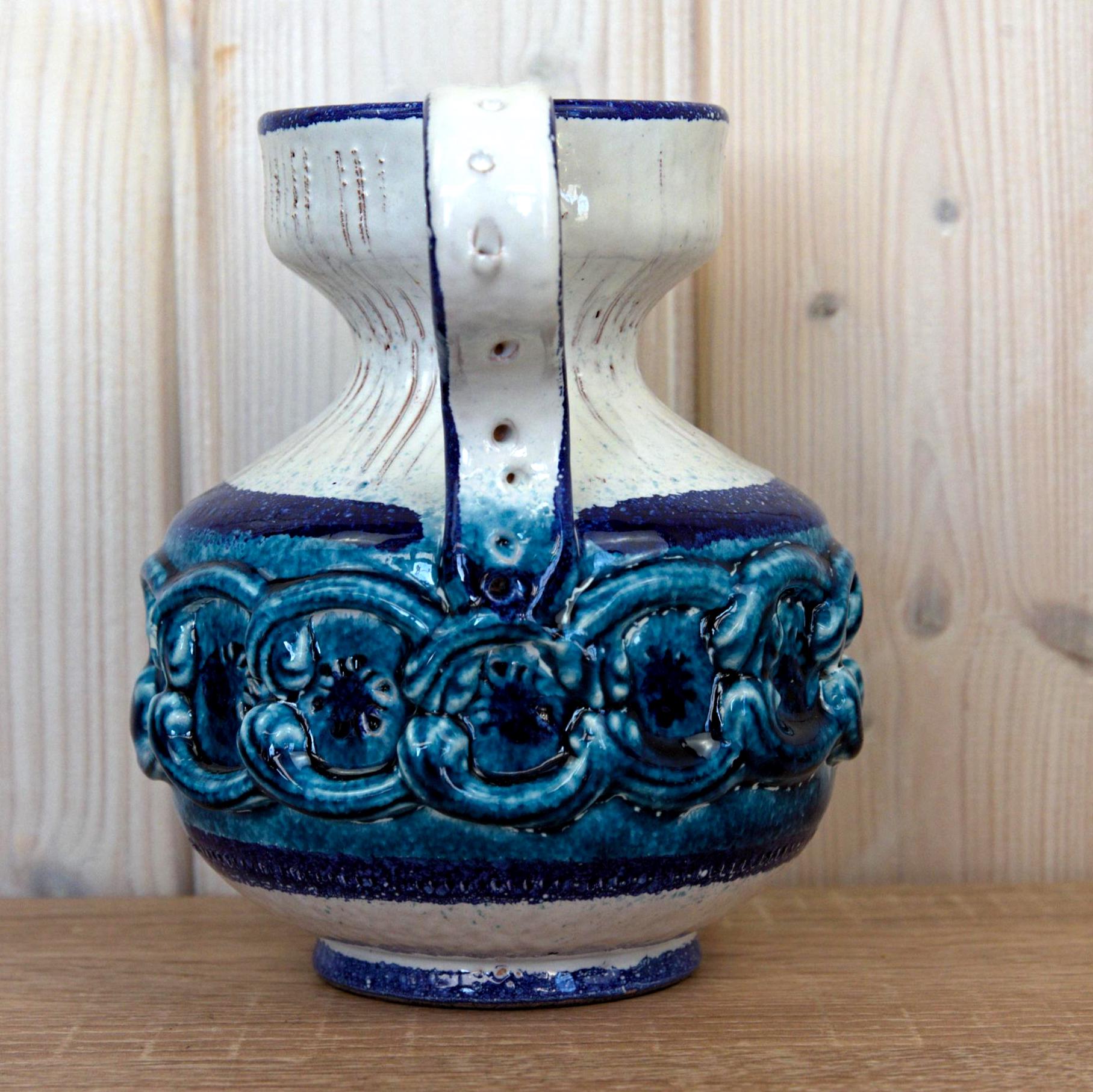 Nuovo Rinascimento Italian Ceramic Jug Vintage Blue Relief Pitcher Mid Century Decor