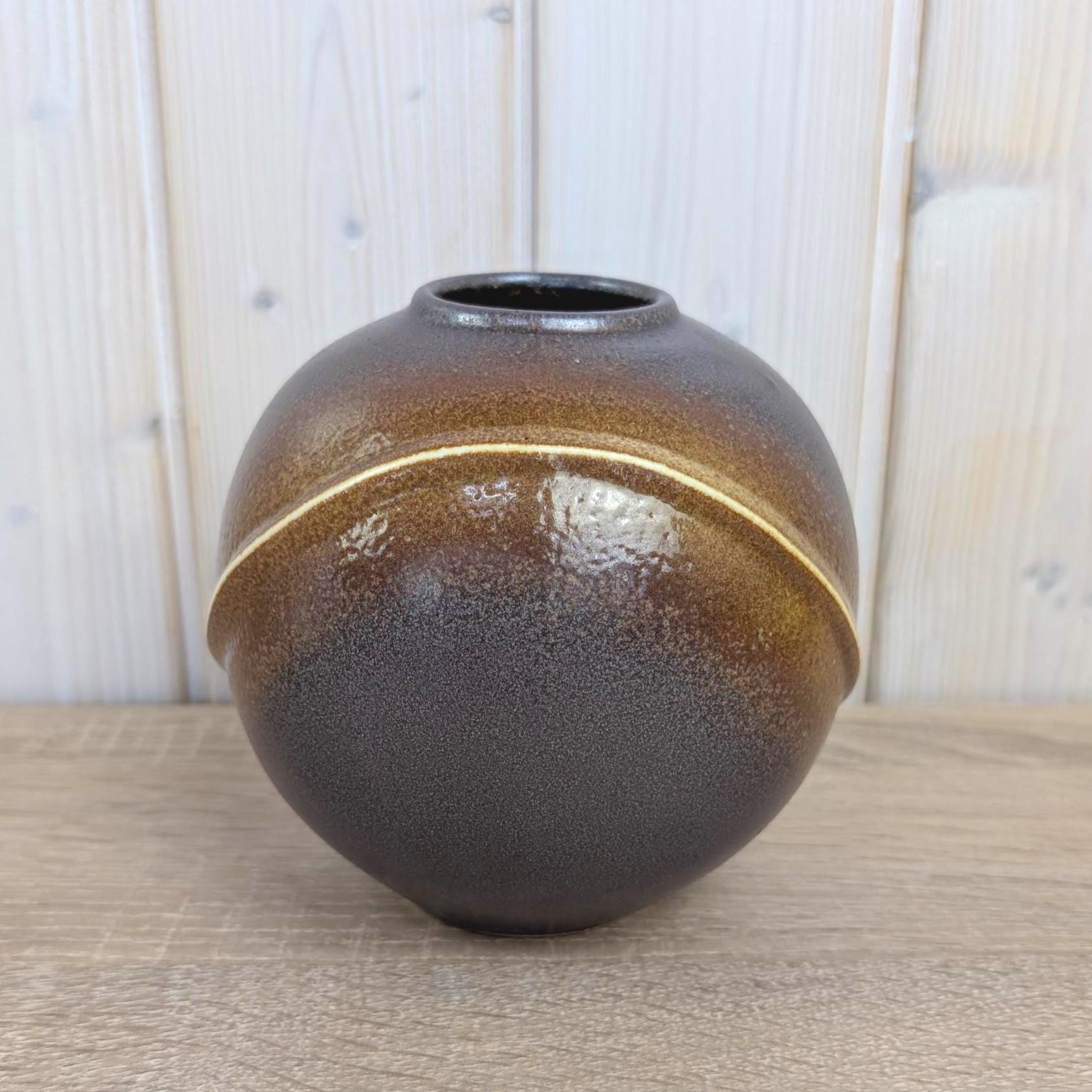 Dümler and Breiden 777/15 Ball Vase, West German Pottery, Brown Amber Diagonal Glaze, 1960s Vintage Ceramic