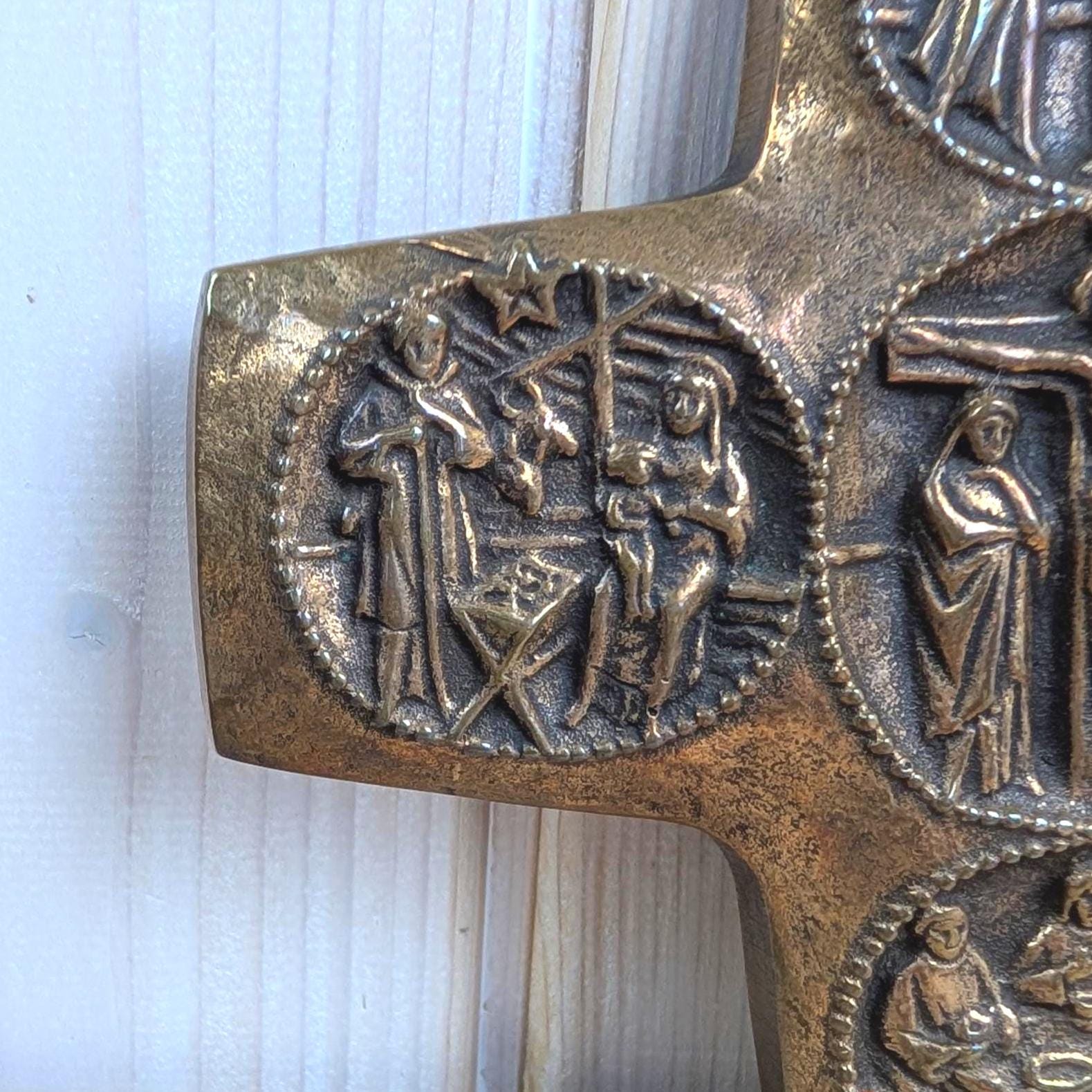 Vintage Bronze Wall Cross, Five Mysteries Relief, Religious Cast Bronze, 1960s