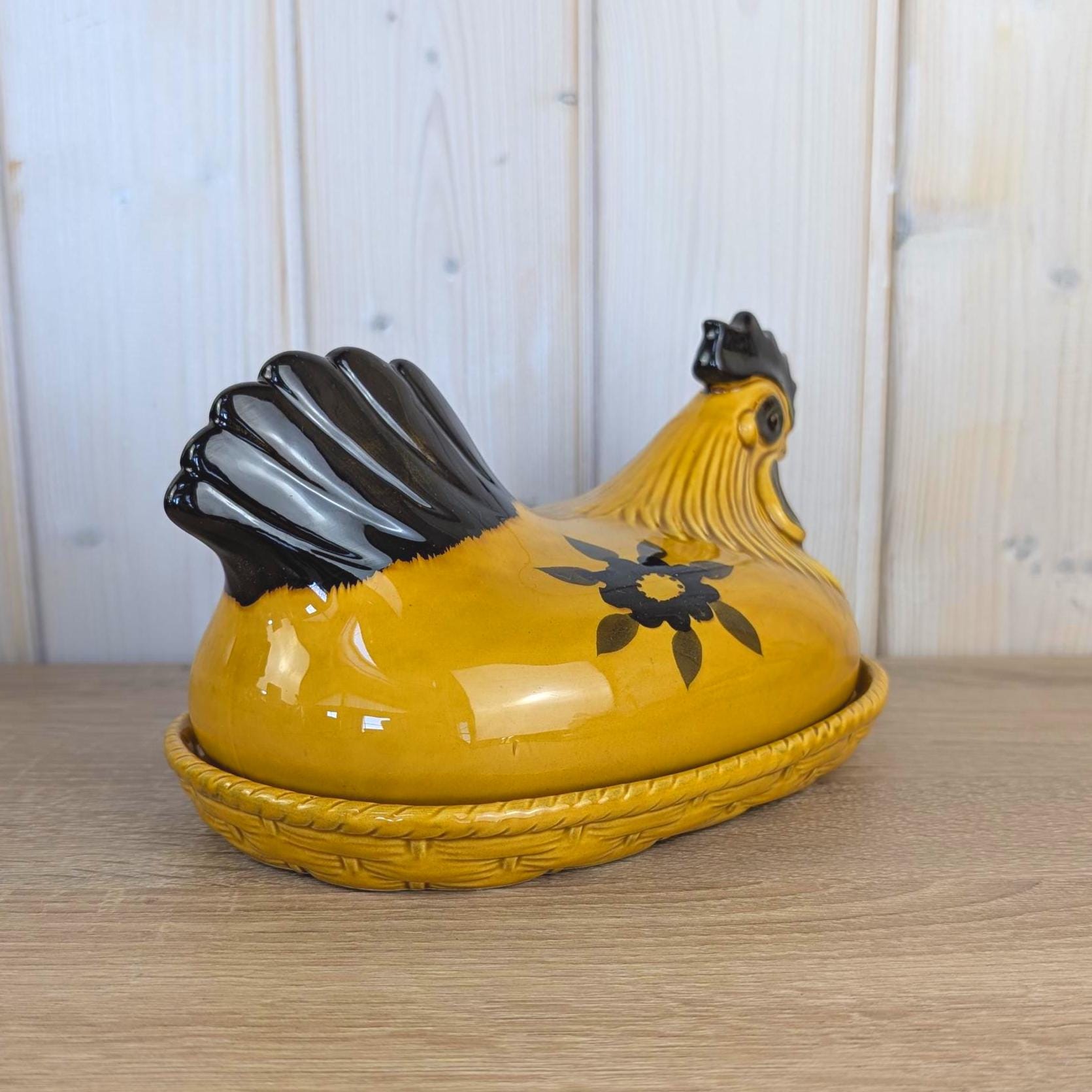 Vintage Ceramic Hen on Nest Egg Dish, Mustard Yellow Black Floral, Salt Pepper Shakers Included, German European Folk Style, 1960s 1970s