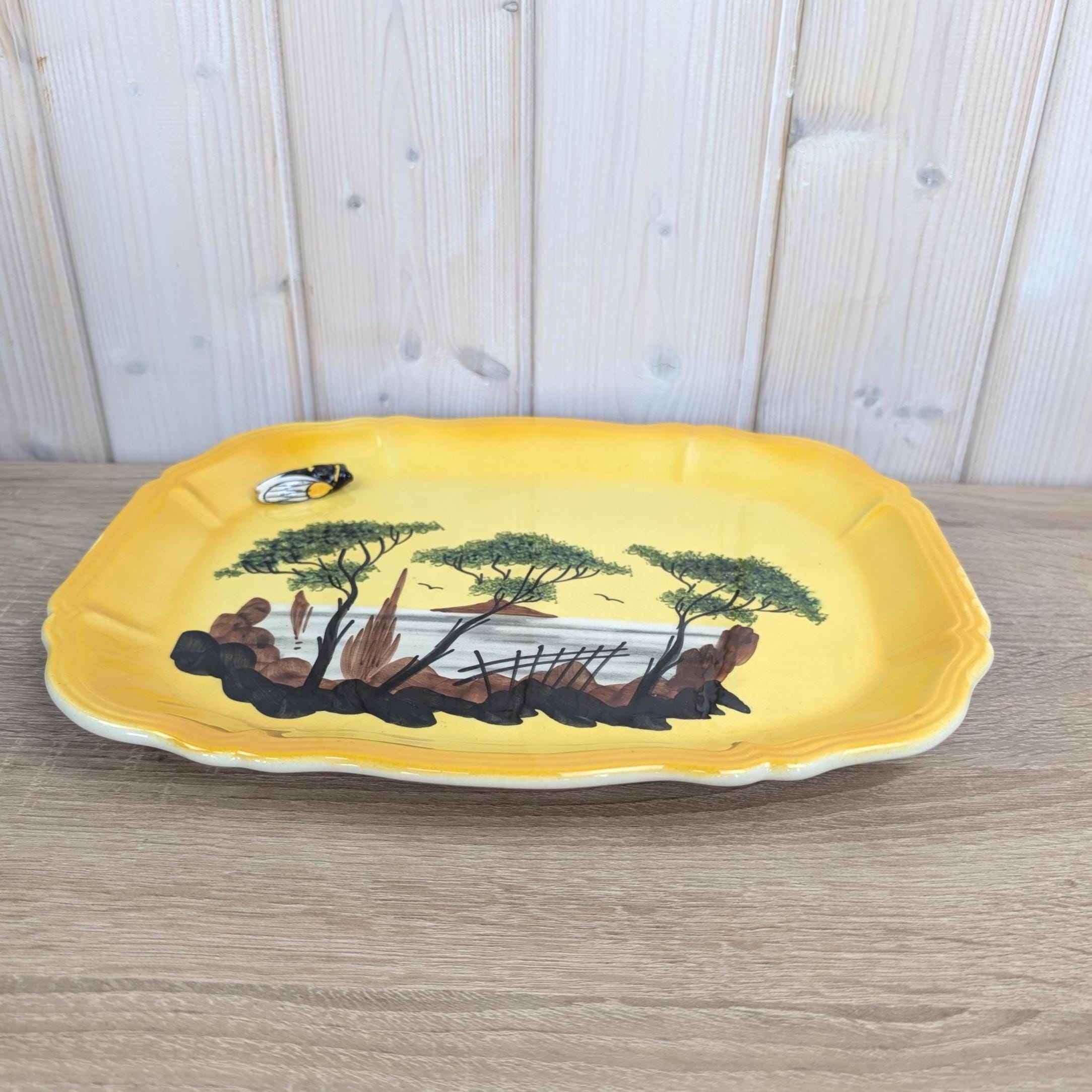 Vallauris A Ferlay Yellow Ceramic Platter with 3D Cicada, Provencal Landscape, French Pottery 1950s, Wall Decor or Serving Dish