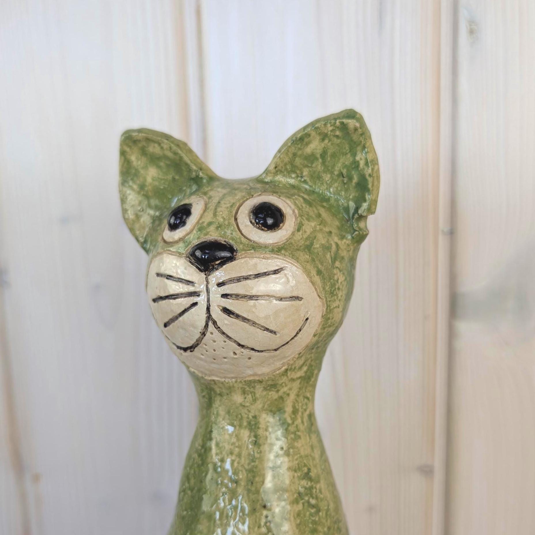 Signed Studio Pottery Cat Figurine, Handmade Green Glazed Ceramic, Tall Sculptural Cat, Signed Elle, Dated 1974, Vintage European Studio Art
