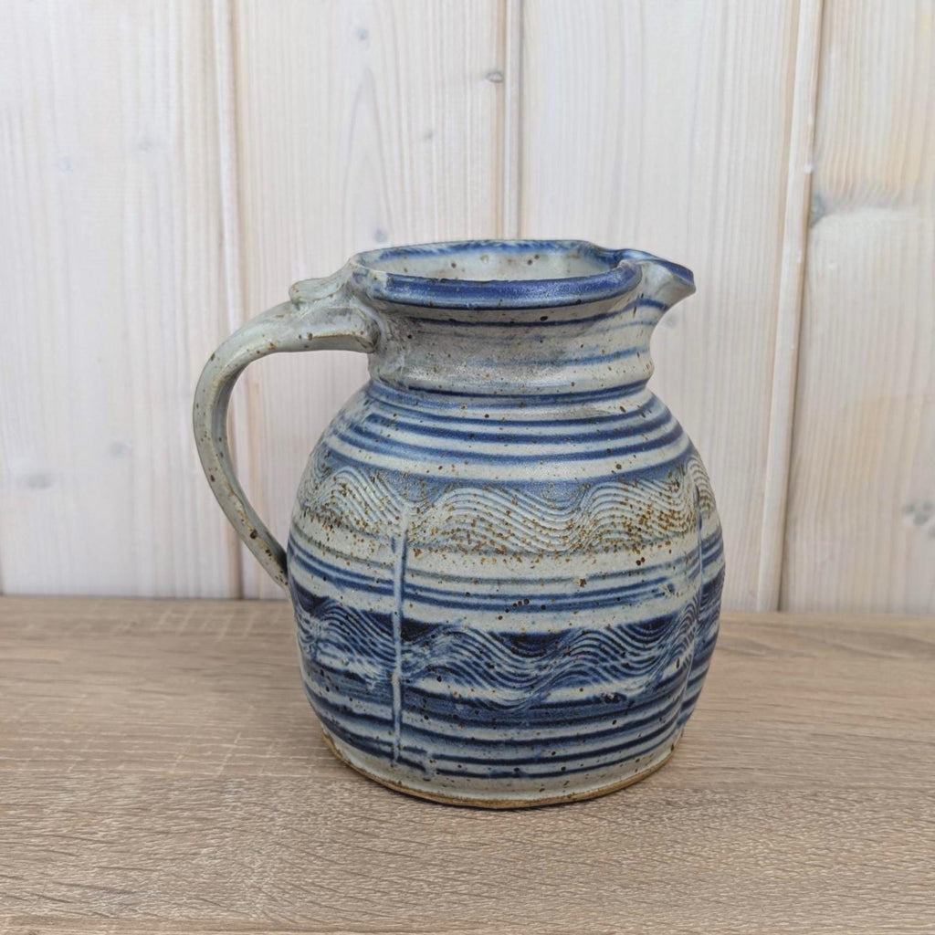 German Handarbeit Studio Pottery Jug, Blue Grey Combed Wave Decoration, Signed Stoneware Pitcher, 1970s