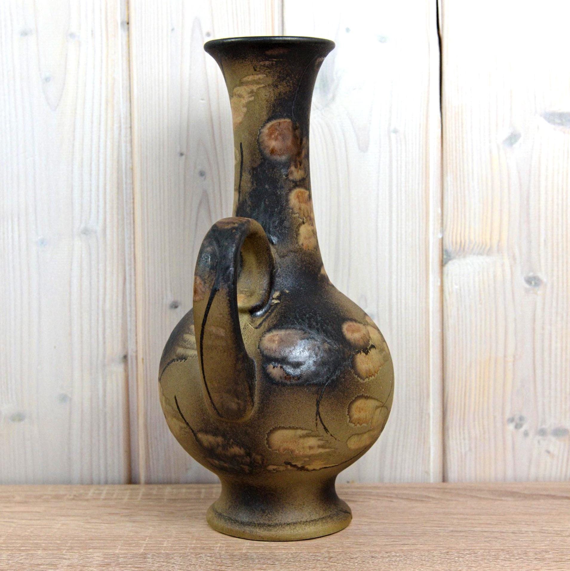 Ruscha K-35 Vintage West German Pottery Vase, Mid Century Ceramic with Handle Brown Beige Glaze