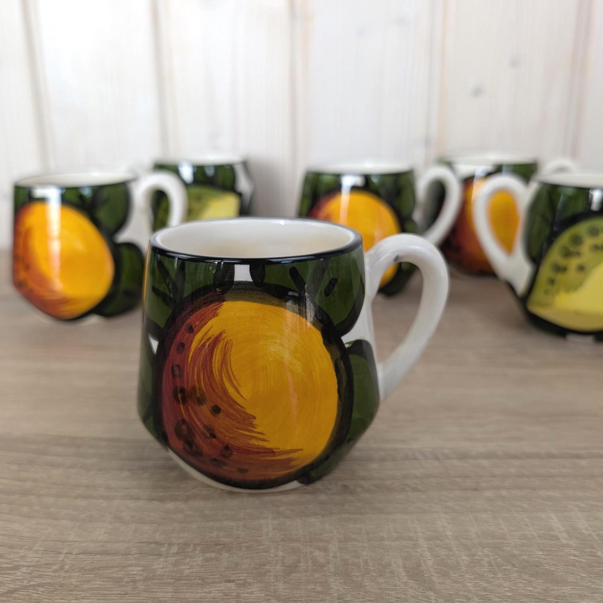 Schramberg Monaco Fruit Mugs Set of 6, Vintage German Ceramic Coffee Cups, 1970s