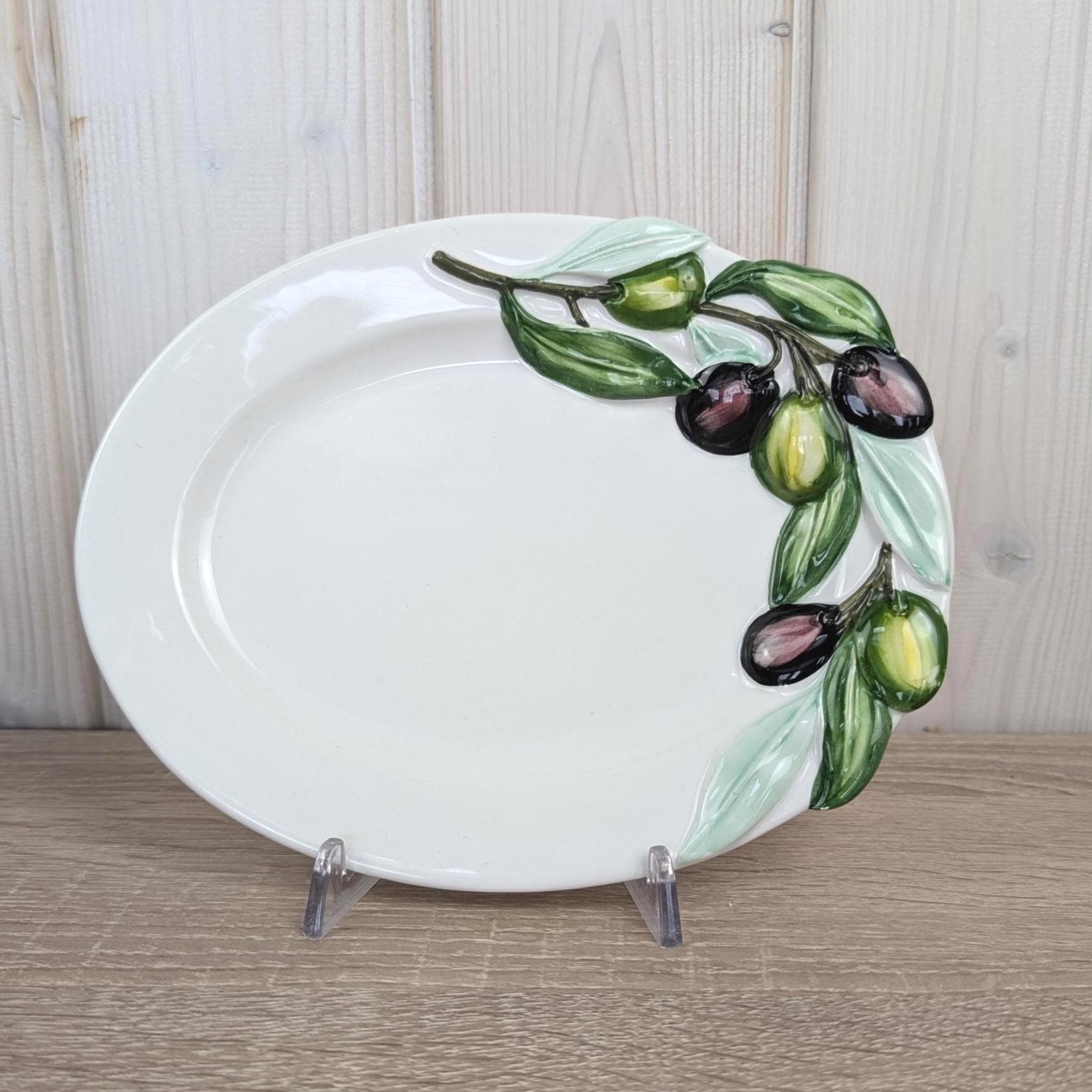 Vintage Italian Ceramic Plates Bassano Italy 1970s, Oval Majolica Serving Plate 3D Olive Branch Relief, EW780 Trompe l'Oeil