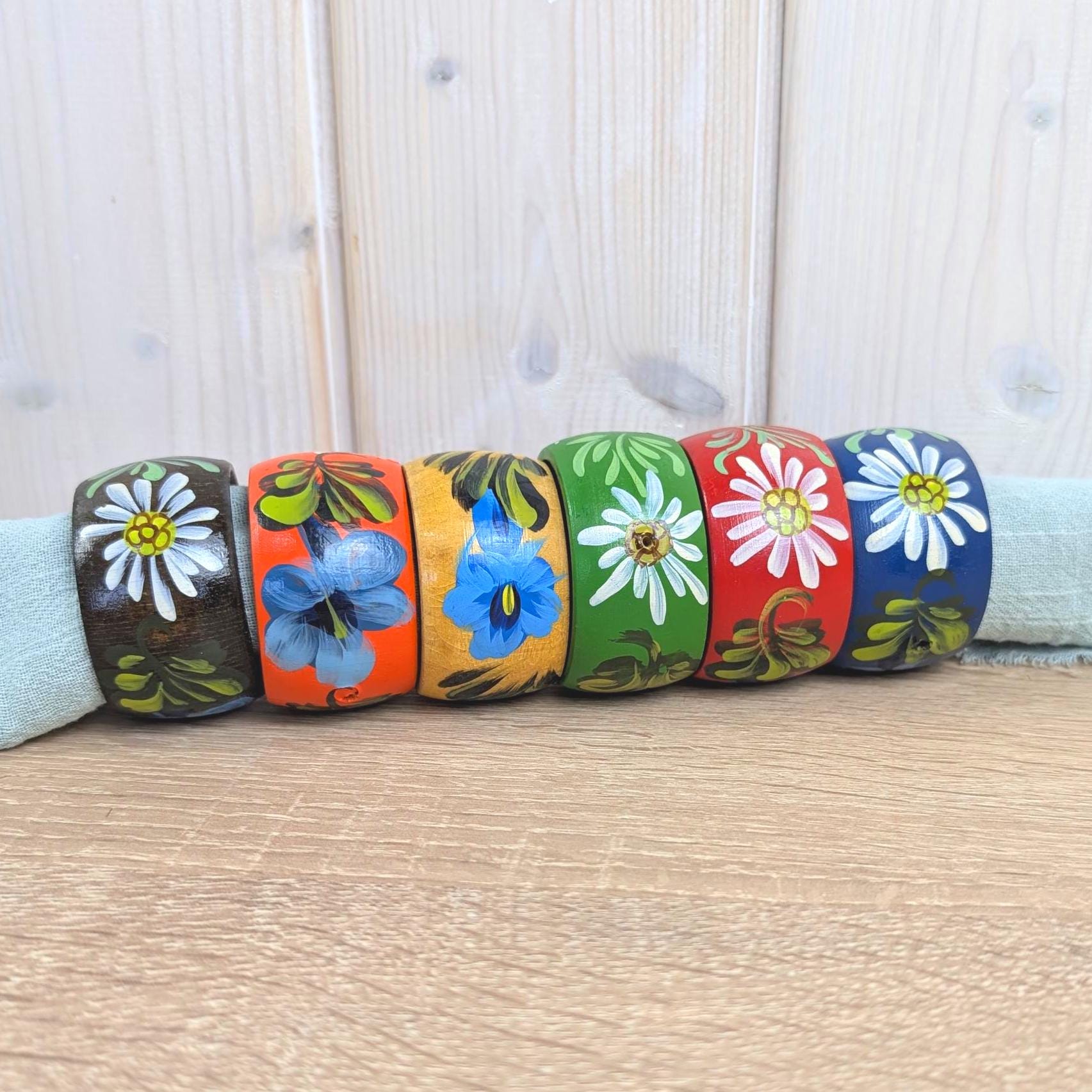 Set of 6 Hand Painted Wooden Napkin Rings, Folk Art Floral, Eastern European Vintage, 1970s