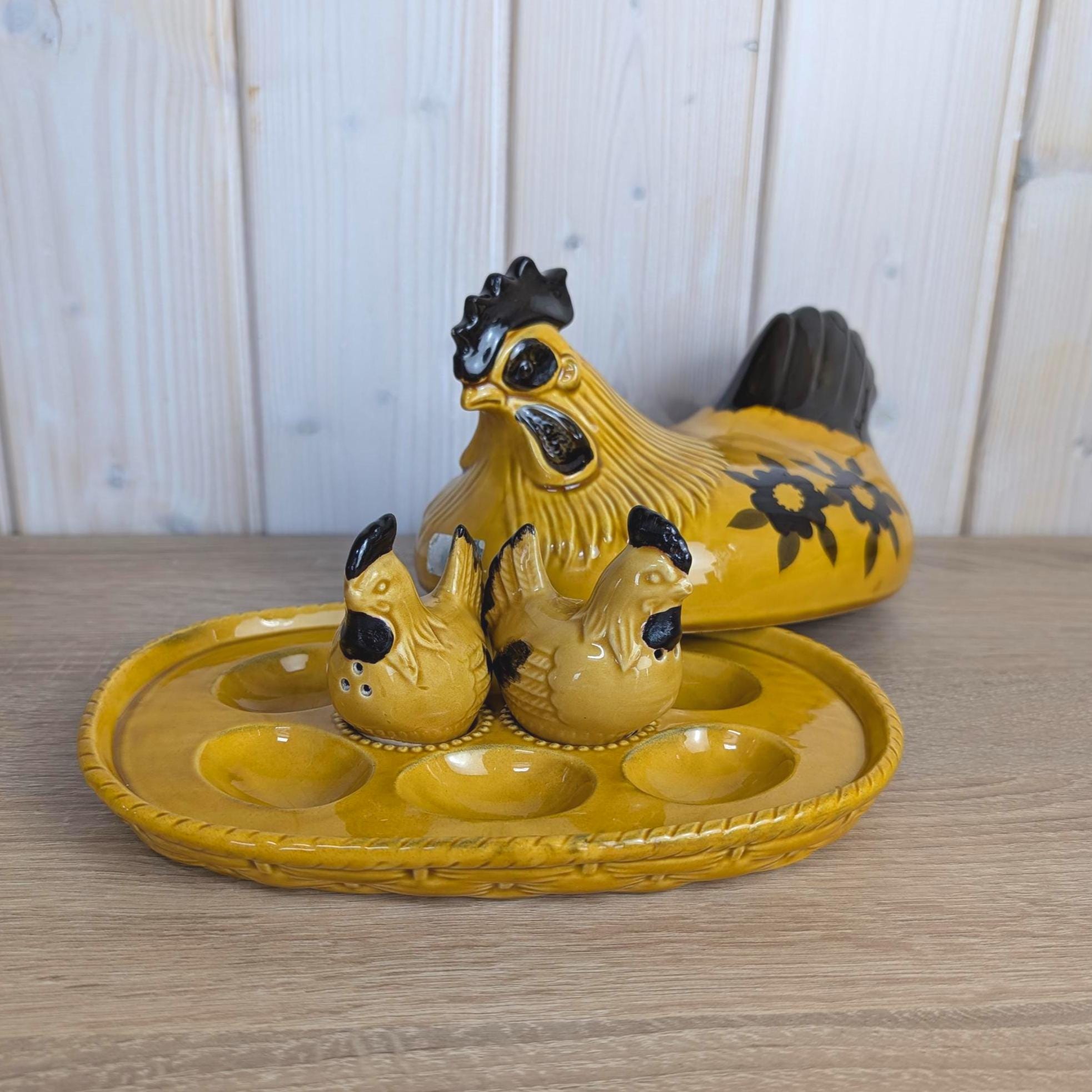 Vintage Ceramic Hen on Nest Egg Dish, Mustard Yellow Black Floral, Salt Pepper Shakers Included, German European Folk Style, 1960s 1970s