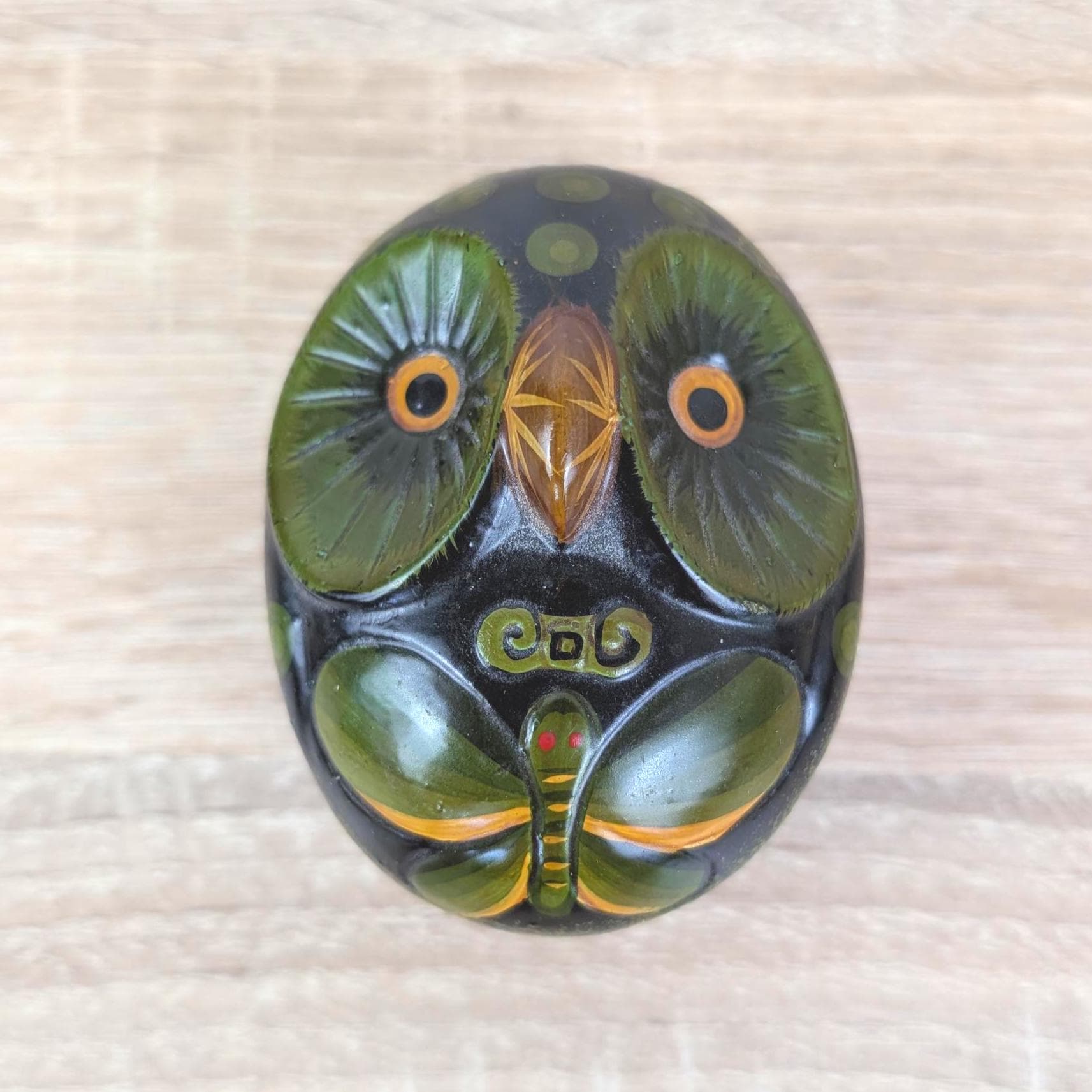 Ceramic Owl Trinket Box with Lid, Black Green Folk Art, Red Interior, Hand Painted, Latin American Pottery, 1970s