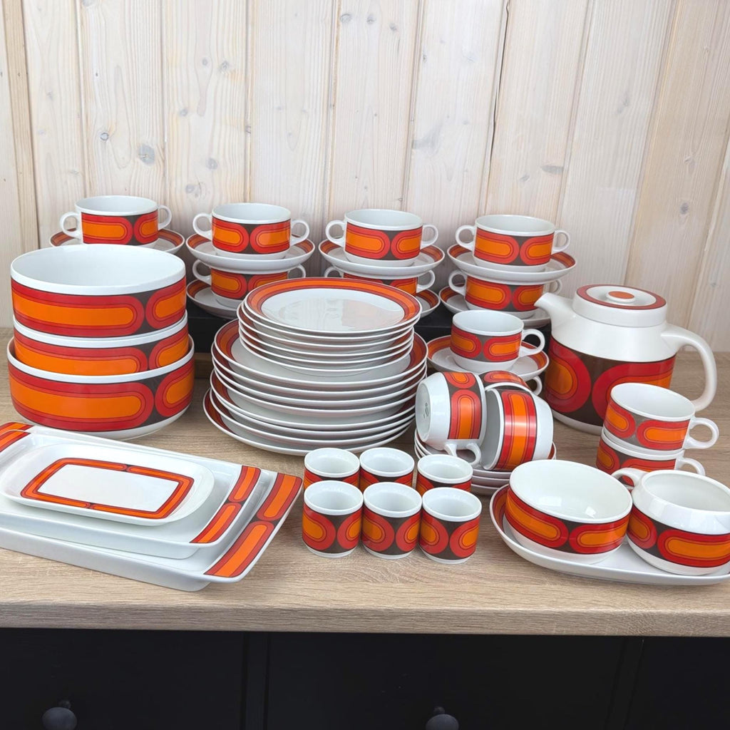 Arzberg Sizilia 3000 Soup Bowl Set of 8 with Saucers, Hans Theo Baumann, Orange Red, 1970s German Porcelain