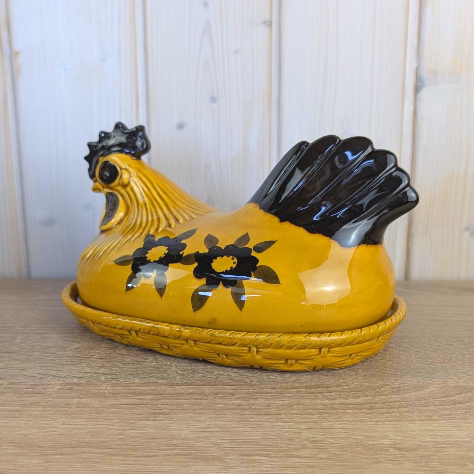 Vintage Ceramic Hen on Nest Egg Dish, Mustard Yellow Black Floral, Salt Pepper Shakers Included, German European Folk Style, 1960s 1970s