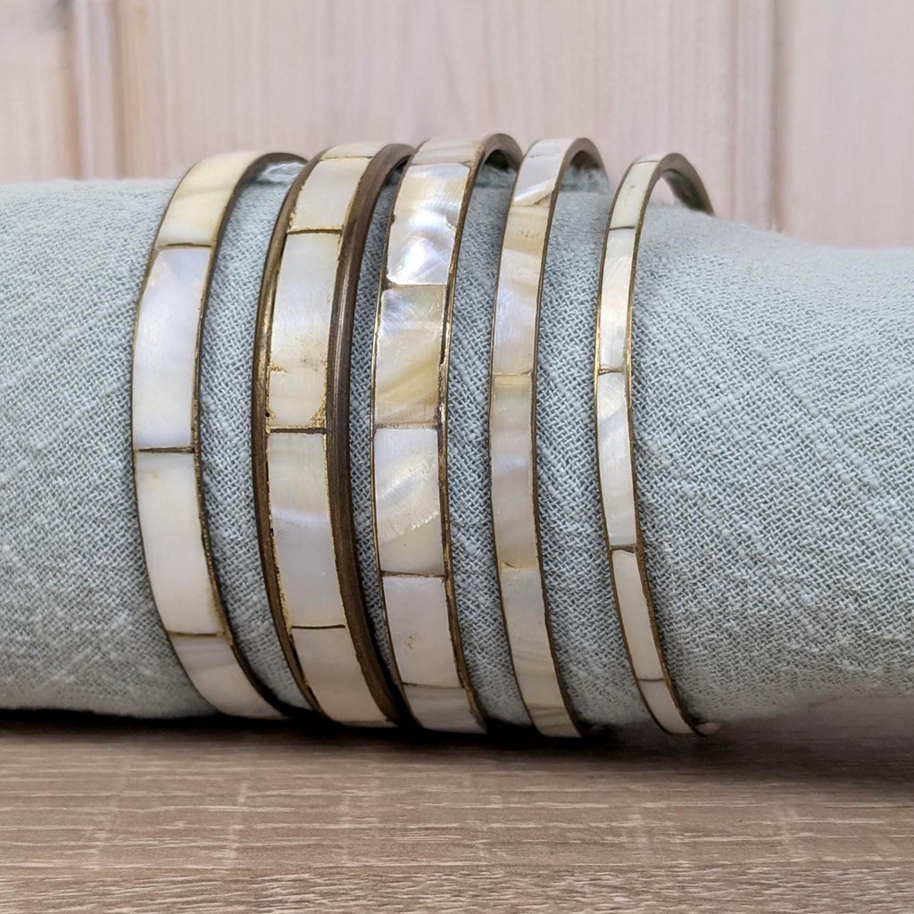 Vintage Mother of Pearl Bangle Set, Shell Inlay Brass Bracelets, 1960s 1970s Boho Jewelry