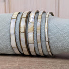 Vintage Mother of Pearl Bangle Set, Shell Inlay Brass Bracelets, 1960s 1970s Boho Jewelry