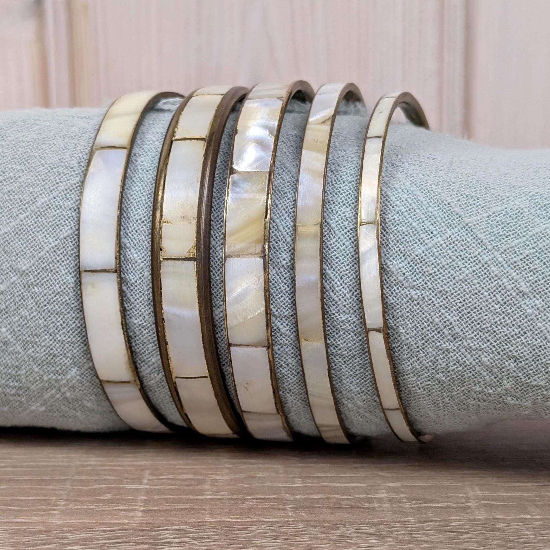 Vintage Mother of Pearl Bangle Set, Shell Inlay Brass Bracelets, 1960s 1970s Boho Jewelry