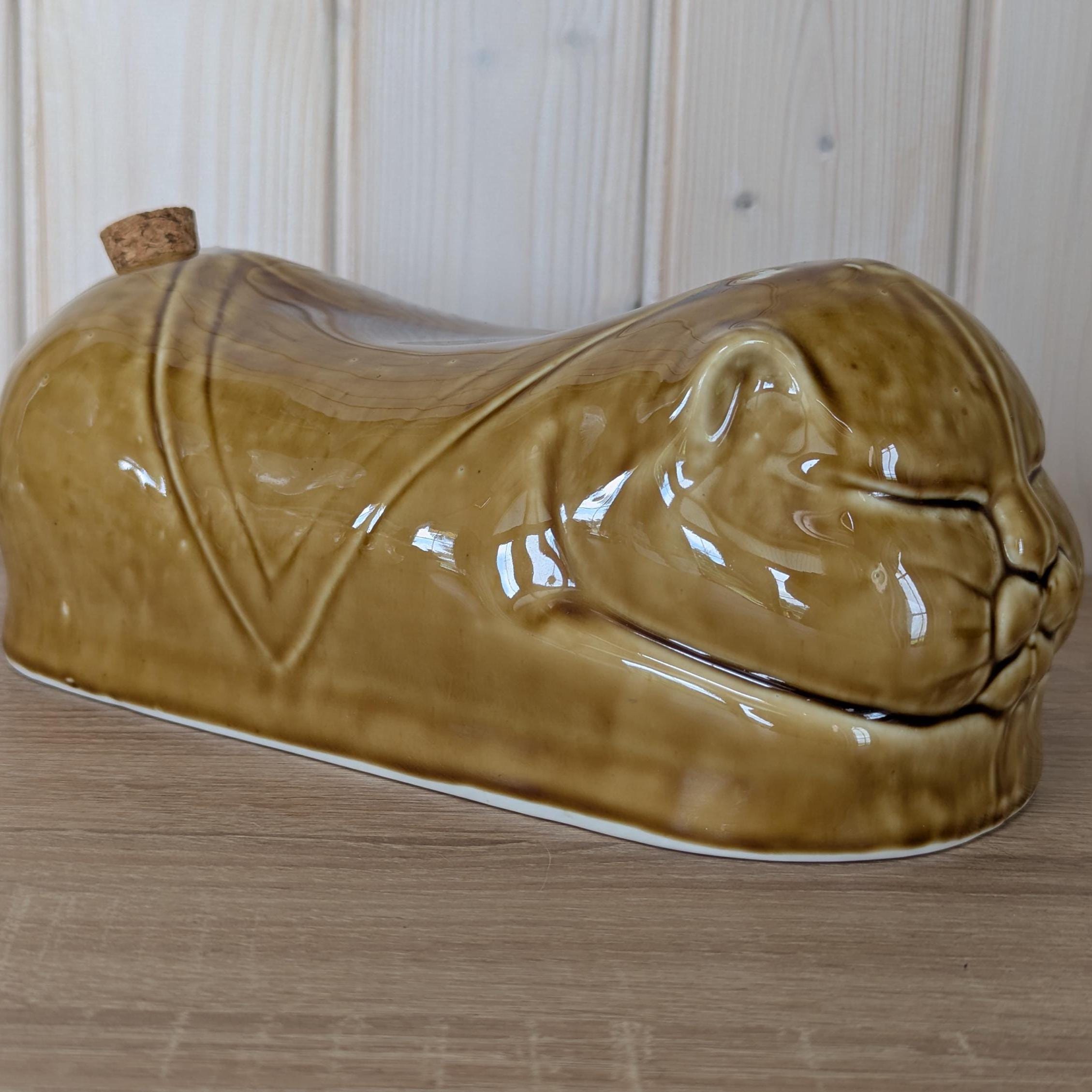 Vintage Ceramic Opium Cat Bed Warmer, Brown Glazed Hot Water Bottle, 1970s