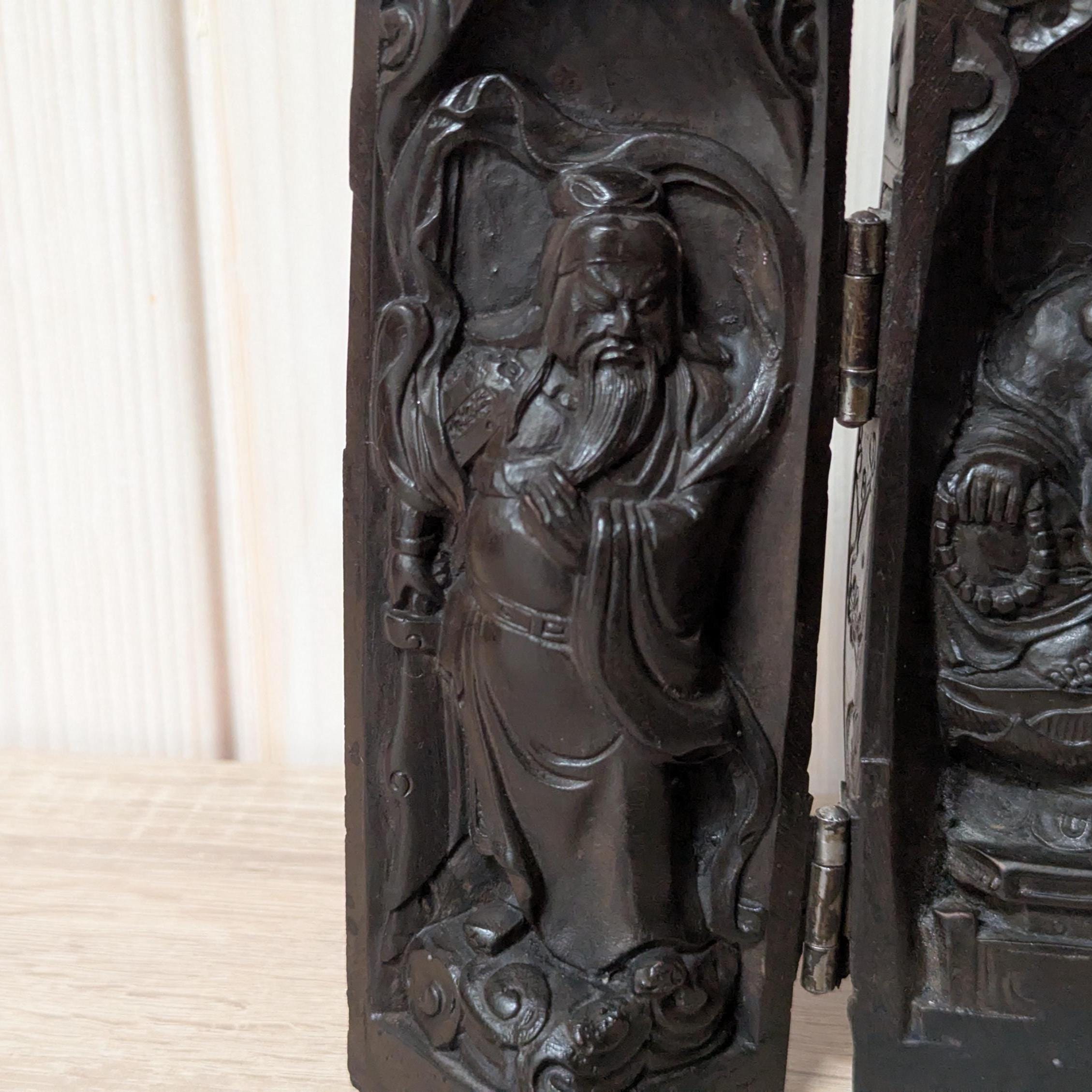 Handcarved Folding Travel Shrine: Chinese Buddha Altar, 20th Century Devotional Art