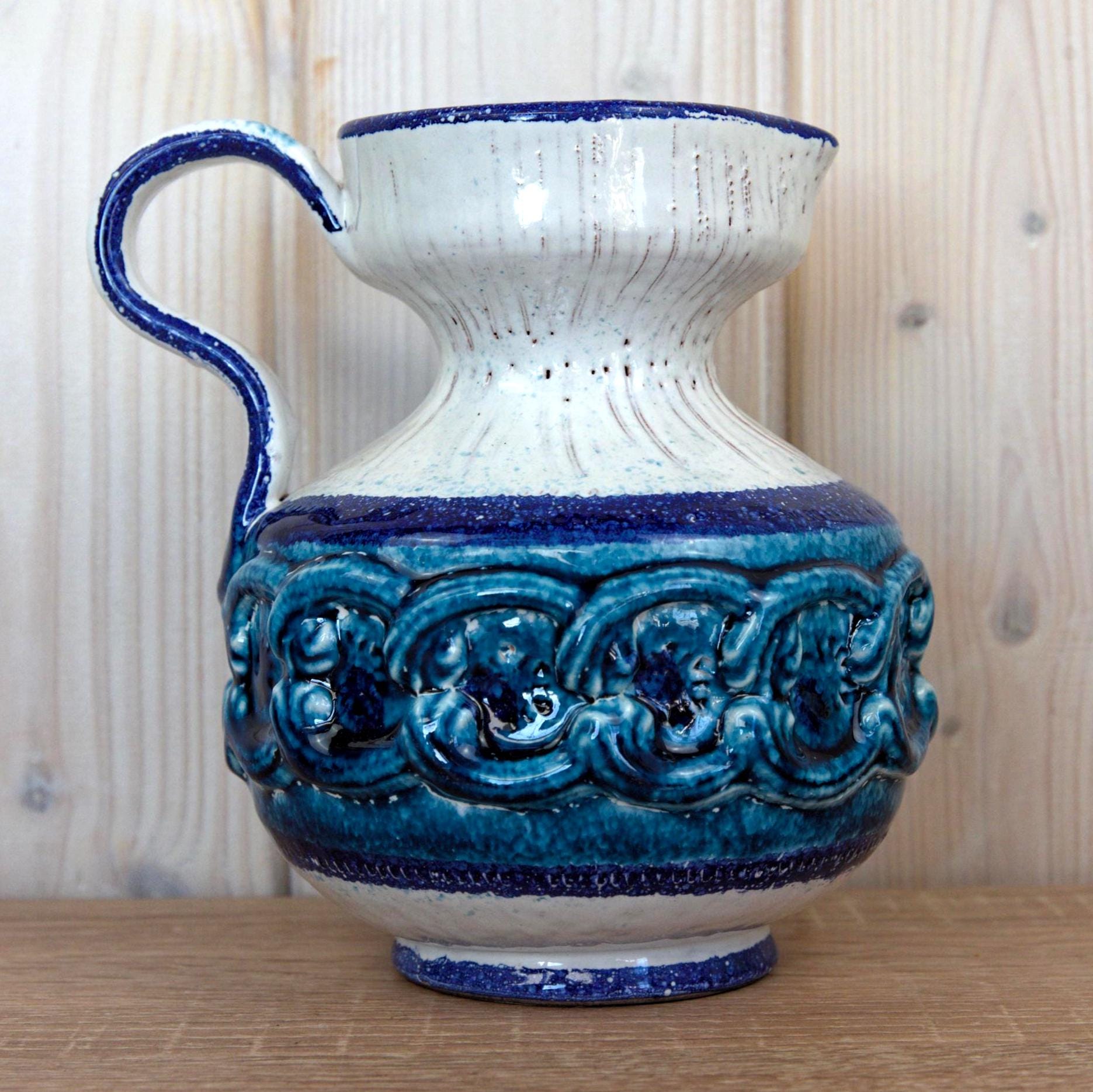 Nuovo Rinascimento Italian Ceramic Jug Vintage Blue Relief Pitcher Mid Century Decor