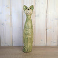Signed Studio Pottery Cat Figurine, Handmade Green Glazed Ceramic, Tall Sculptural Cat, Signed Elle, Dated 1974, Vintage European Studio Art