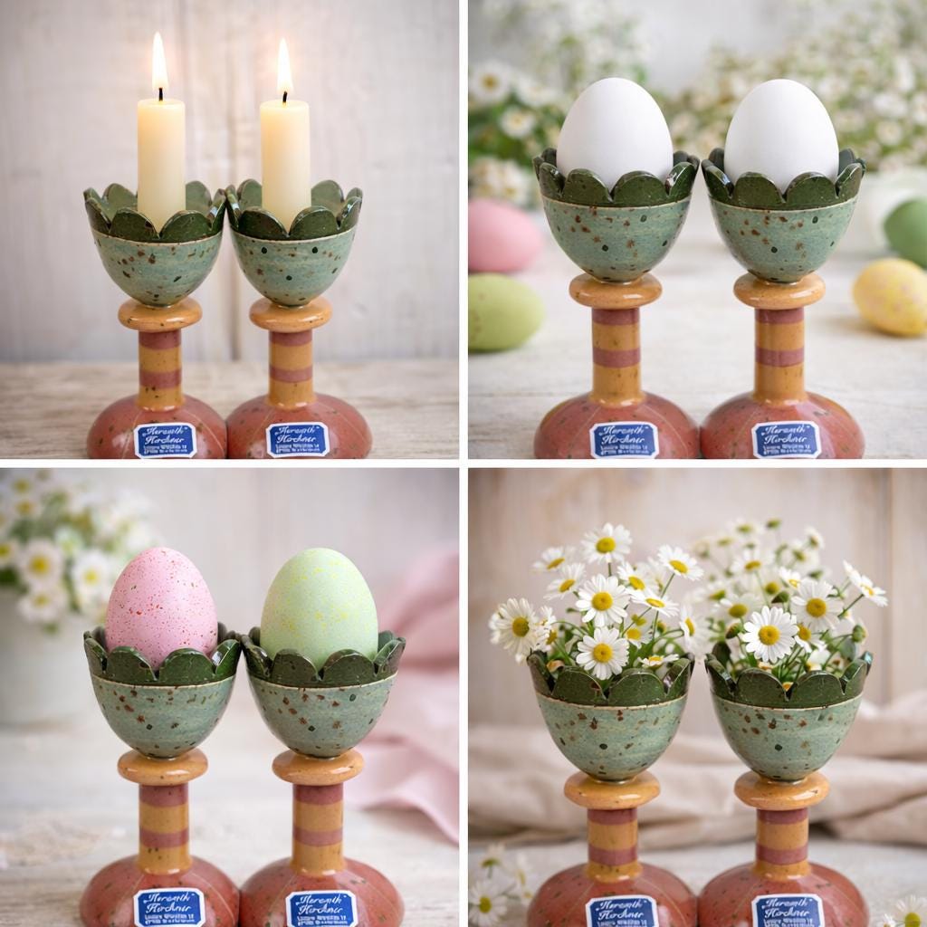 Keramik Kirchner Burkardroth Ceramic Candleholder Pair, Vintage German Studio Pottery Flower Cup, Egg Cup Taper Candle Holder Set of 2
