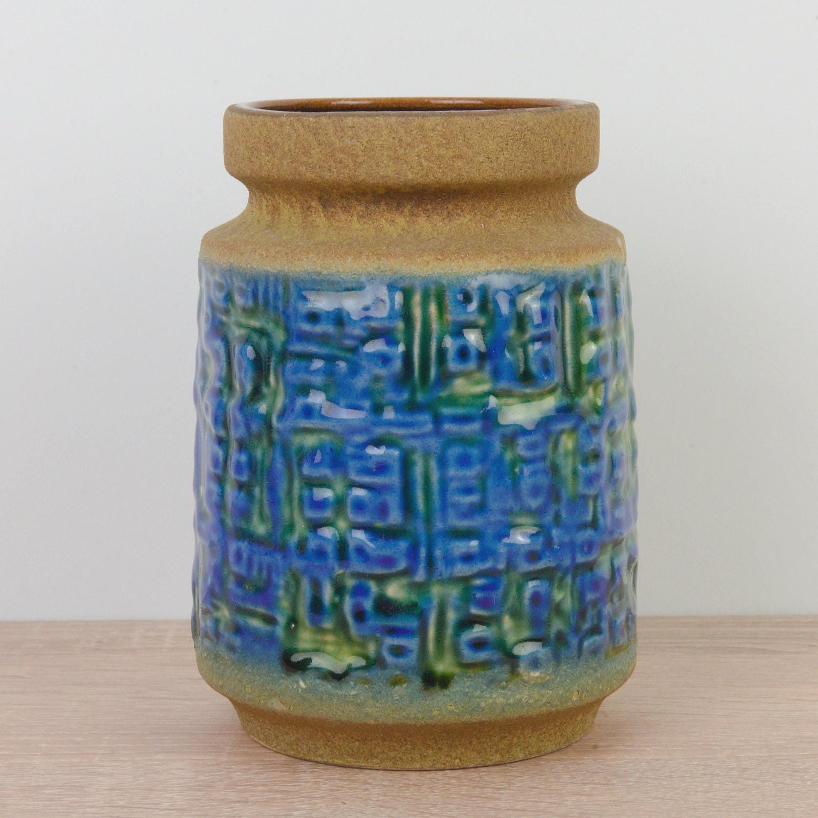 Carstens Tonnieshof Vase 1960s, West Germany Pottery, Blue Relief Glaze, Mid Century Ceramic Statement Piece