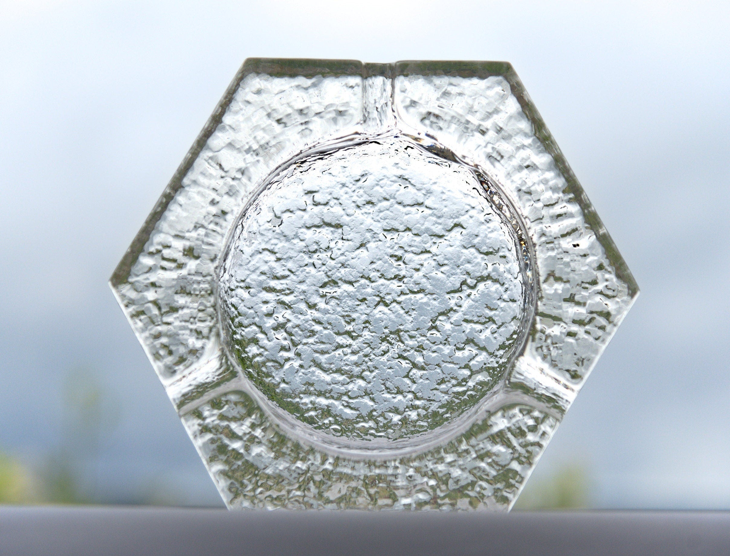 Heavy vintage glass hexagon ashtray