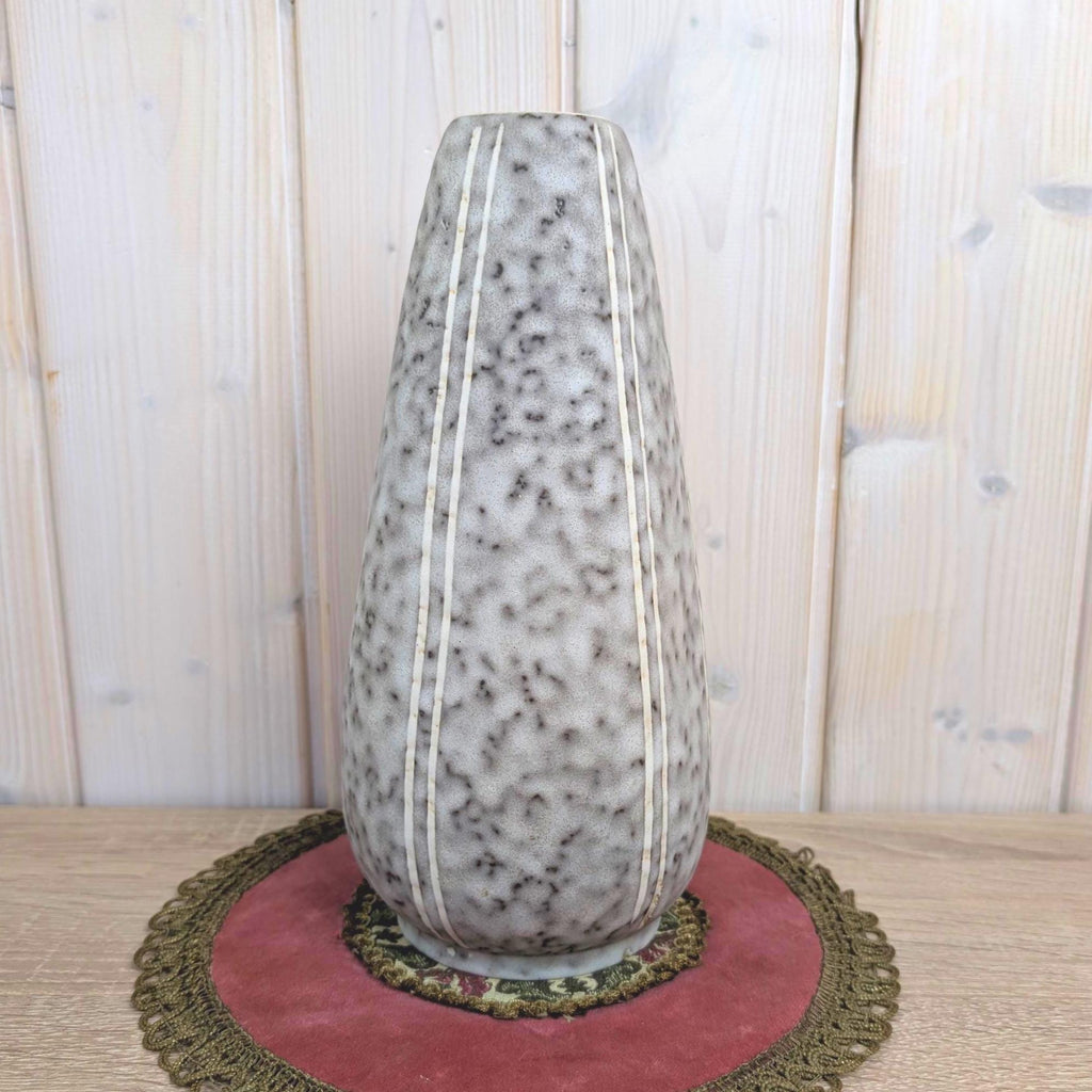 West German Pottery Vase, ES Keramik 608, Grey Speckle Glaze, Incised Stripe Decor, 1960s, Emons Söhne Rheinbach, Mid Century Modern