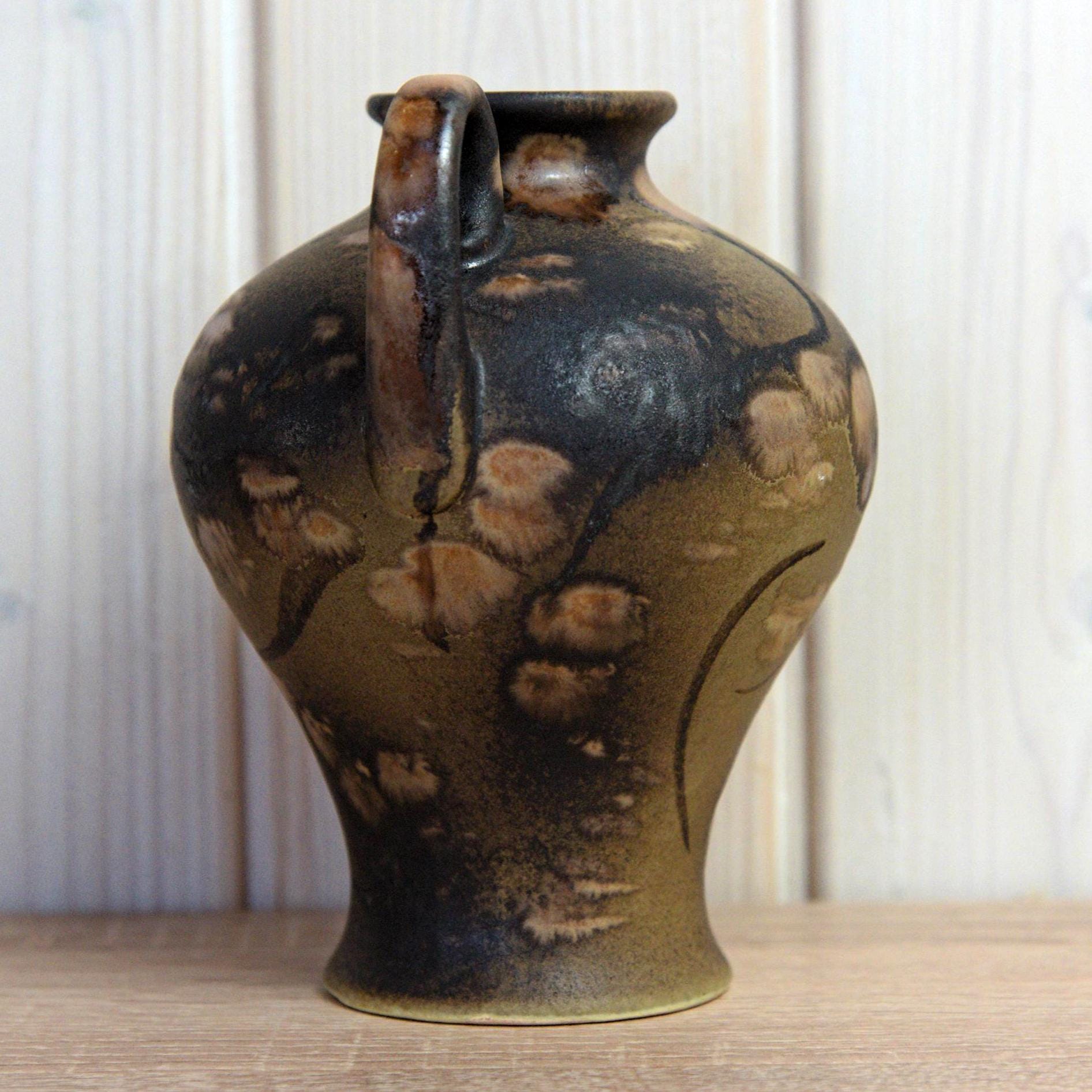 Ruscha K-31 Vase West Germany, Mid Century Ceramic Vase with Handle, Brown Beige Abstract Pottery