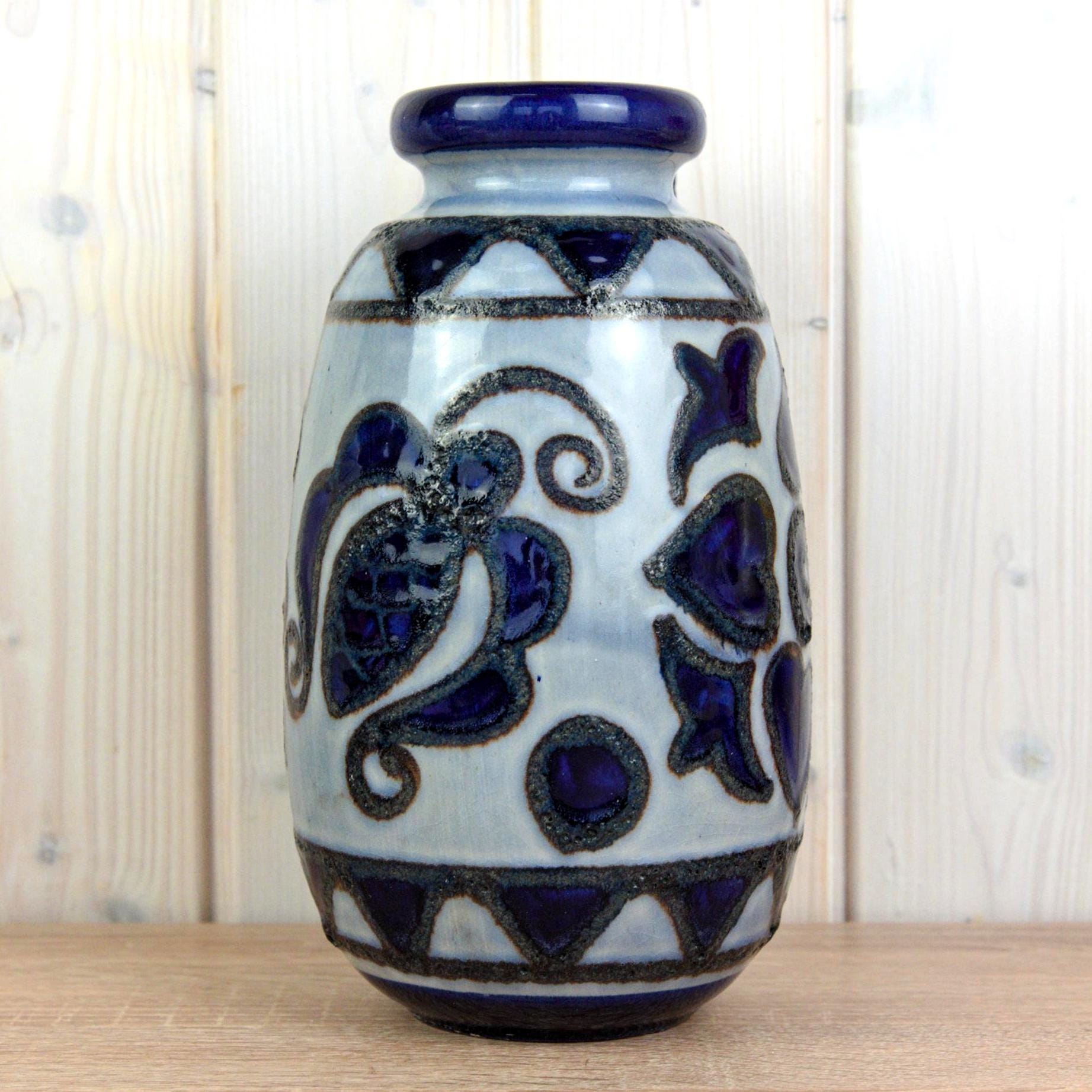 Scheurich 484 27 Vintage West German Pottery Jug, Blue Floral Vase with Handle, Mid Century Ceramic, 27 cm