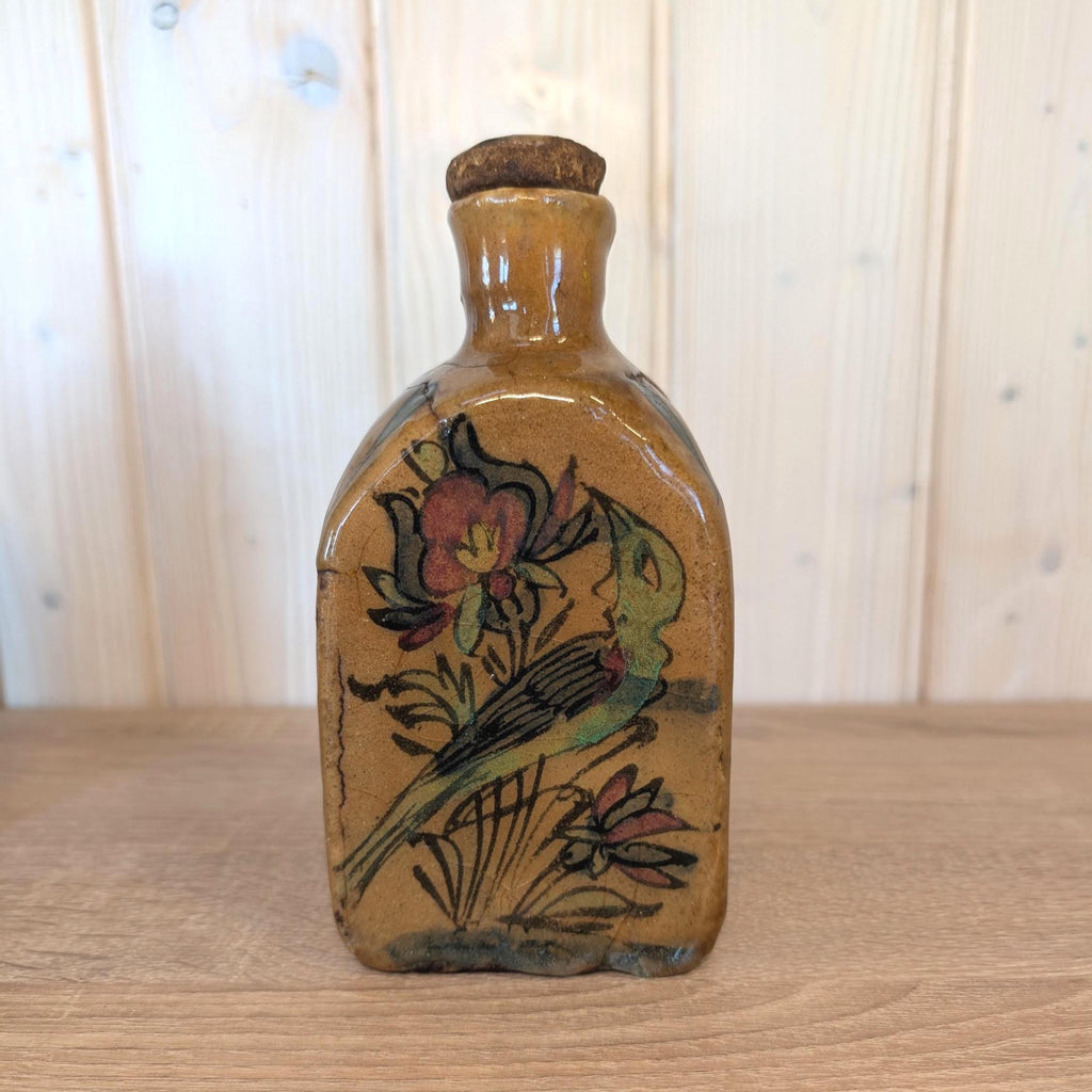 Antique charm, ceramic handpainted floral bird bottle, European origin, early 1900s