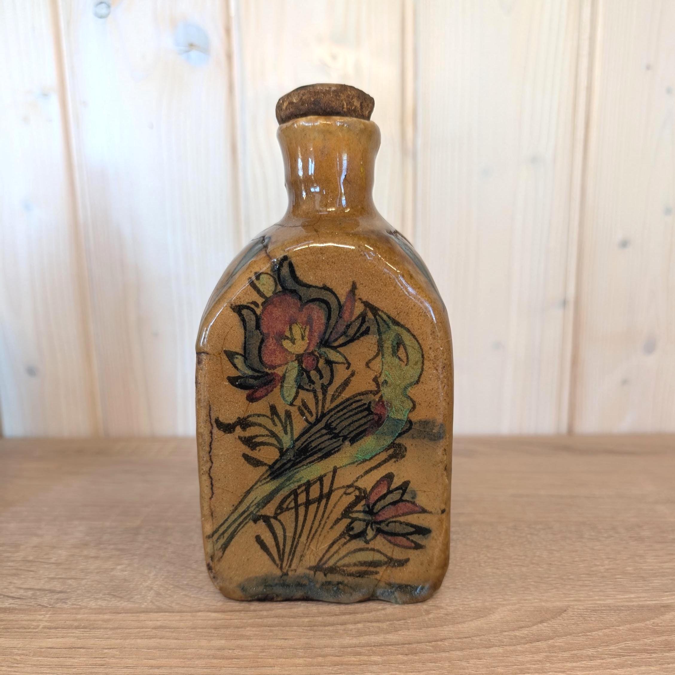 Antique charm, ceramic handpainted floral bird bottle, European origin, early 1900s