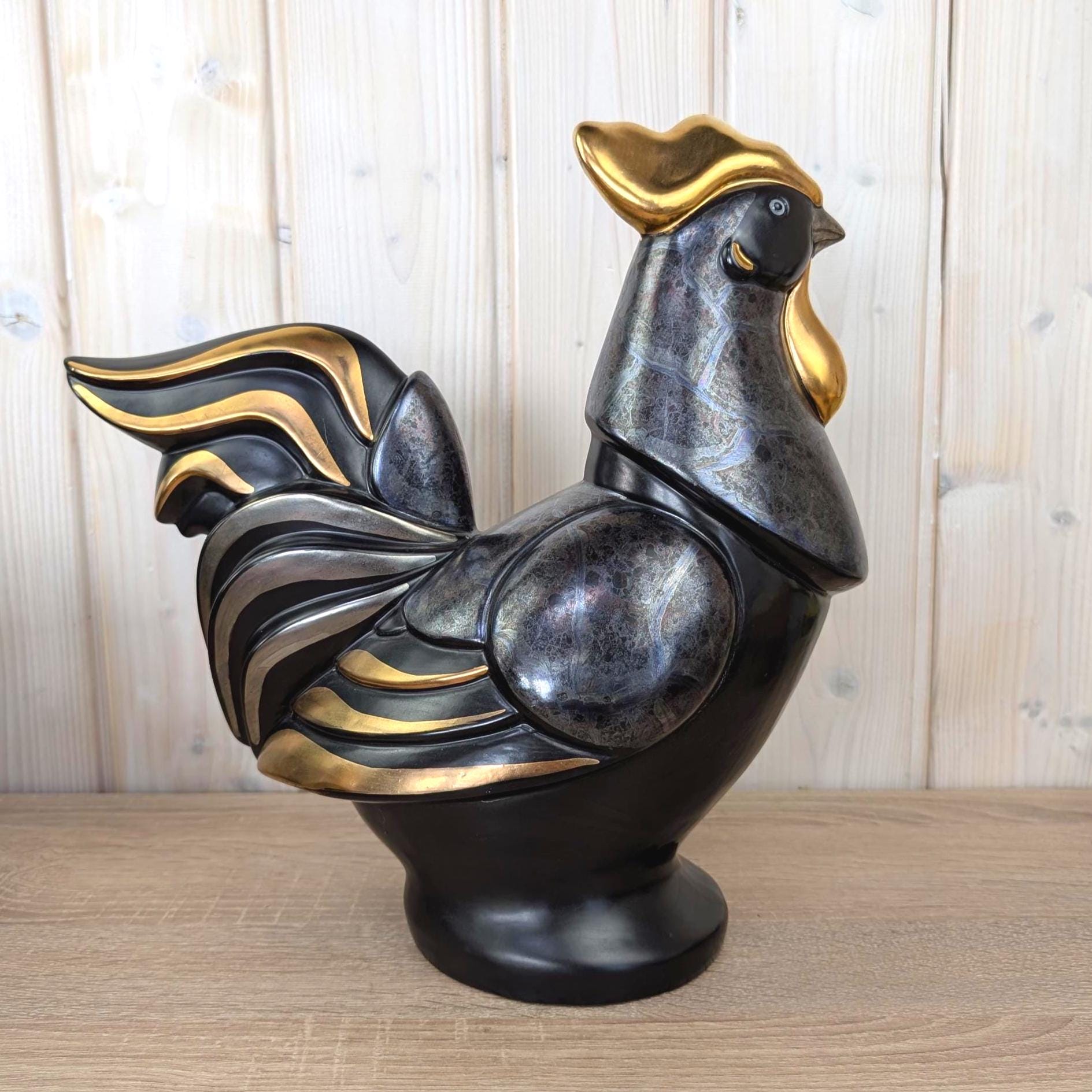 Gilde Handwerk Rooster Figurine Black Gold, Large Ceramic Cockerel Statue, Art Deco Home Decor, German Decorative Figure, 1980s