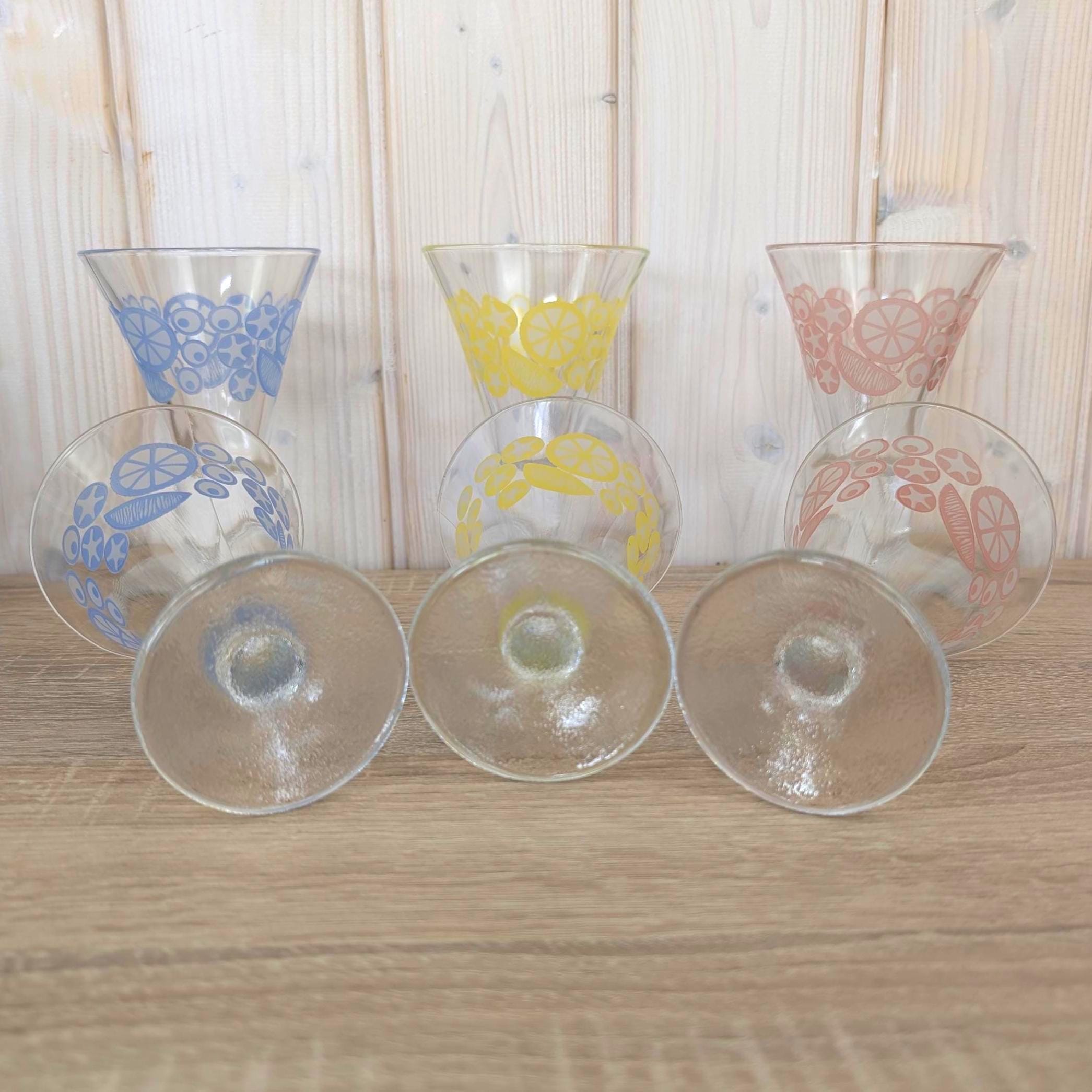 Vintage DDR East German Pastel Citrus Ice Cream Glasses Set of 6, Footed Sundae Glasses Blue Yellow Pink, 1950s 1960s Retro Barware