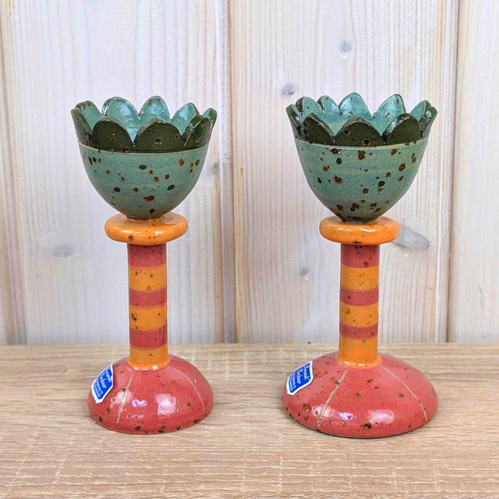 Keramik Kirchner Burkardroth Ceramic Candleholder Pair, Vintage German Studio Pottery Flower Cup, Egg Cup Taper Candle Holder Set of 2