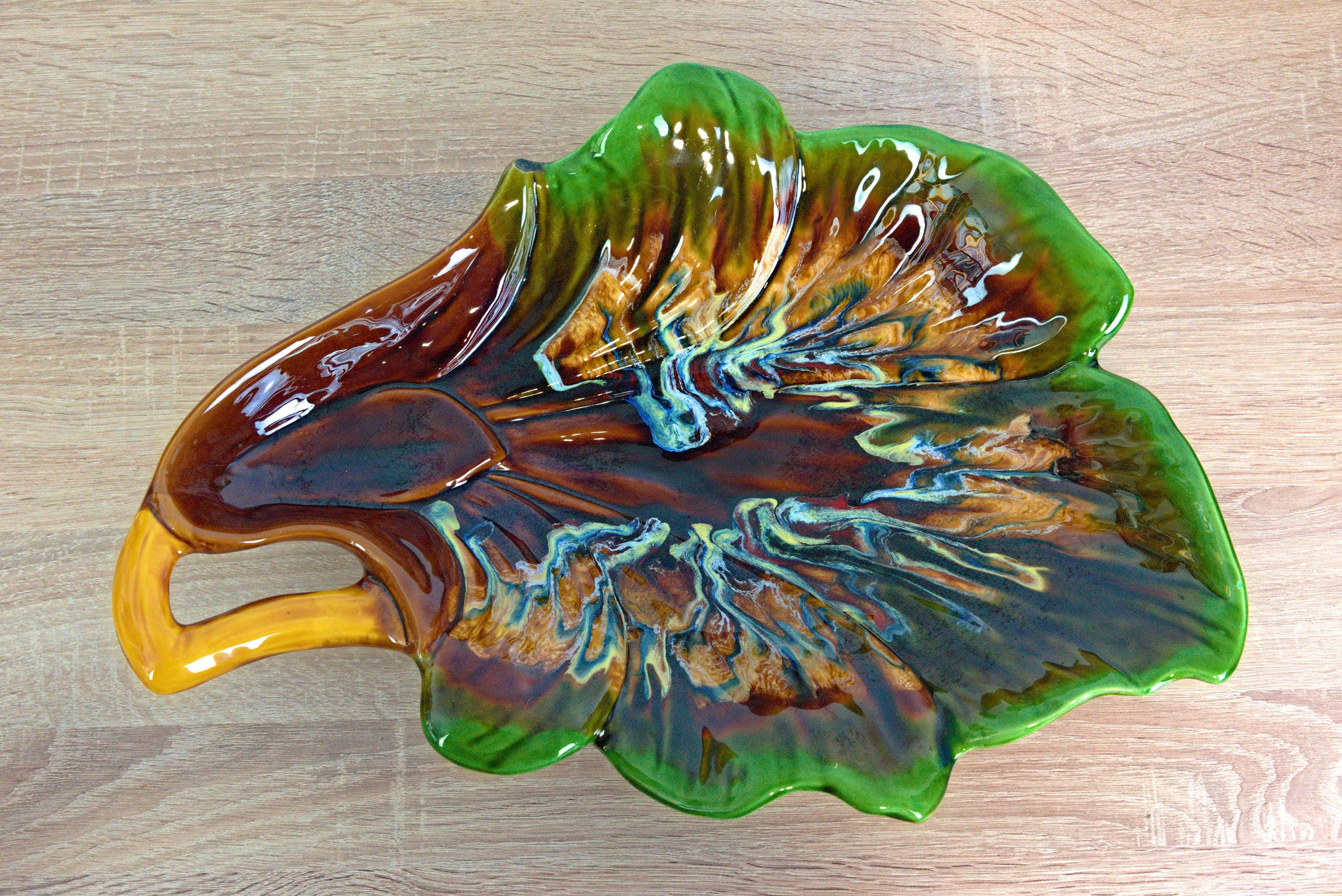 XXLarge Vallauris Ceramic Dish - Multicolored Leaf - France - Vintage
