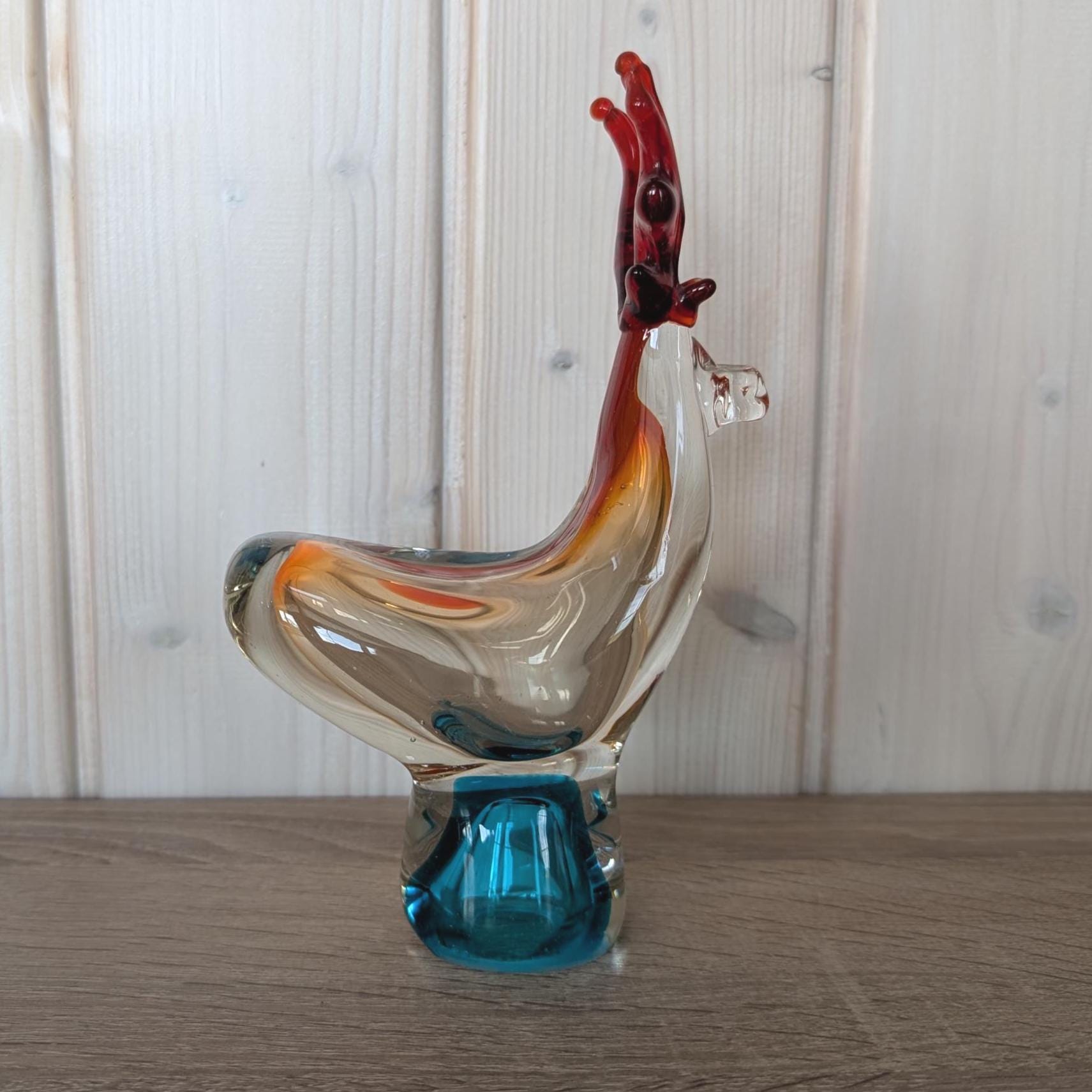 Murano Style Glass Reindeer, Amber Blue Art Glass Figurine, Vintage 1960s–1970s