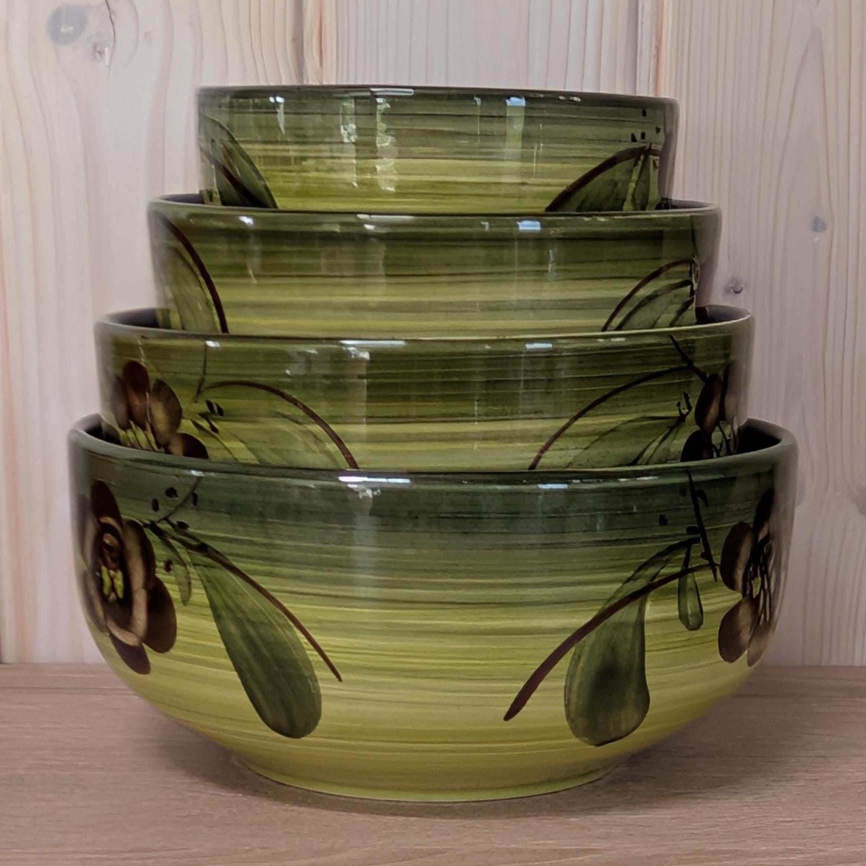 Vintage Aalen Handpainted Bowl Set, Green Floral Ceramic, West Germany 1970s, Set of 4 Nesting Bowls