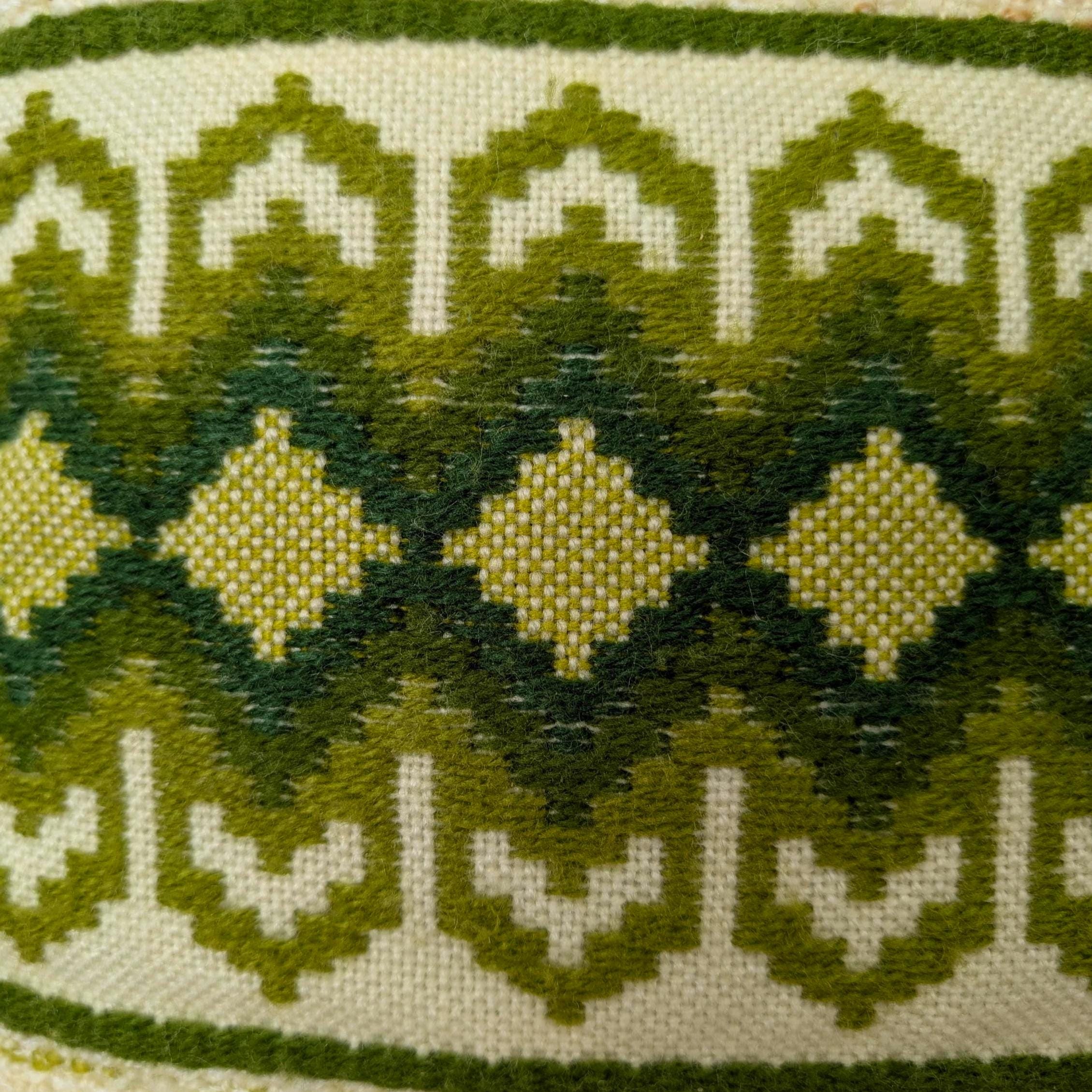 Vintage 1970s Green Needlepoint Cushion with Boucle Weave, Hand Embroidered Geometric Folk Pattern, Retro Home Decor with Insert