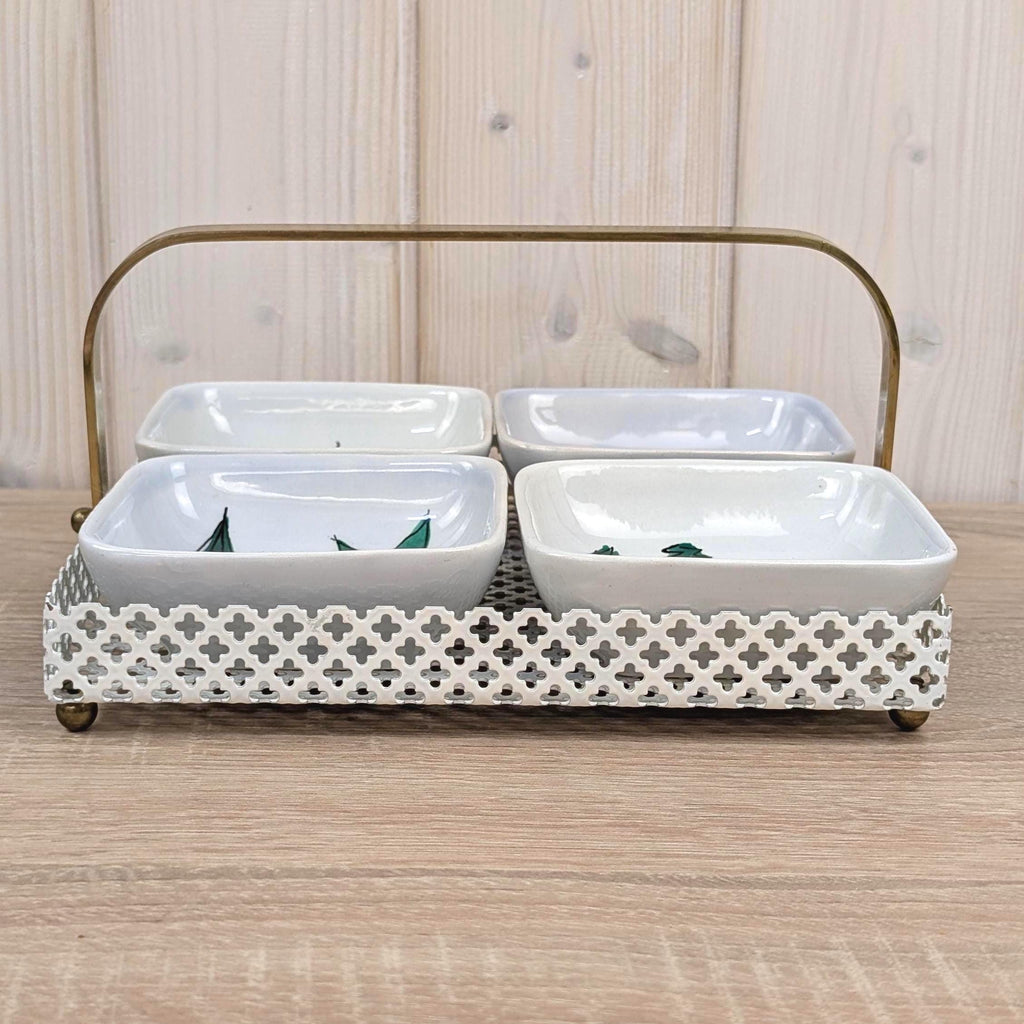 Schramberg SMF Dec 1180 Ceramic Snack Bowl Set with Metal Tray, Vintage 1950s West German Hand-Painted Pottery, Radish Veggie Motif