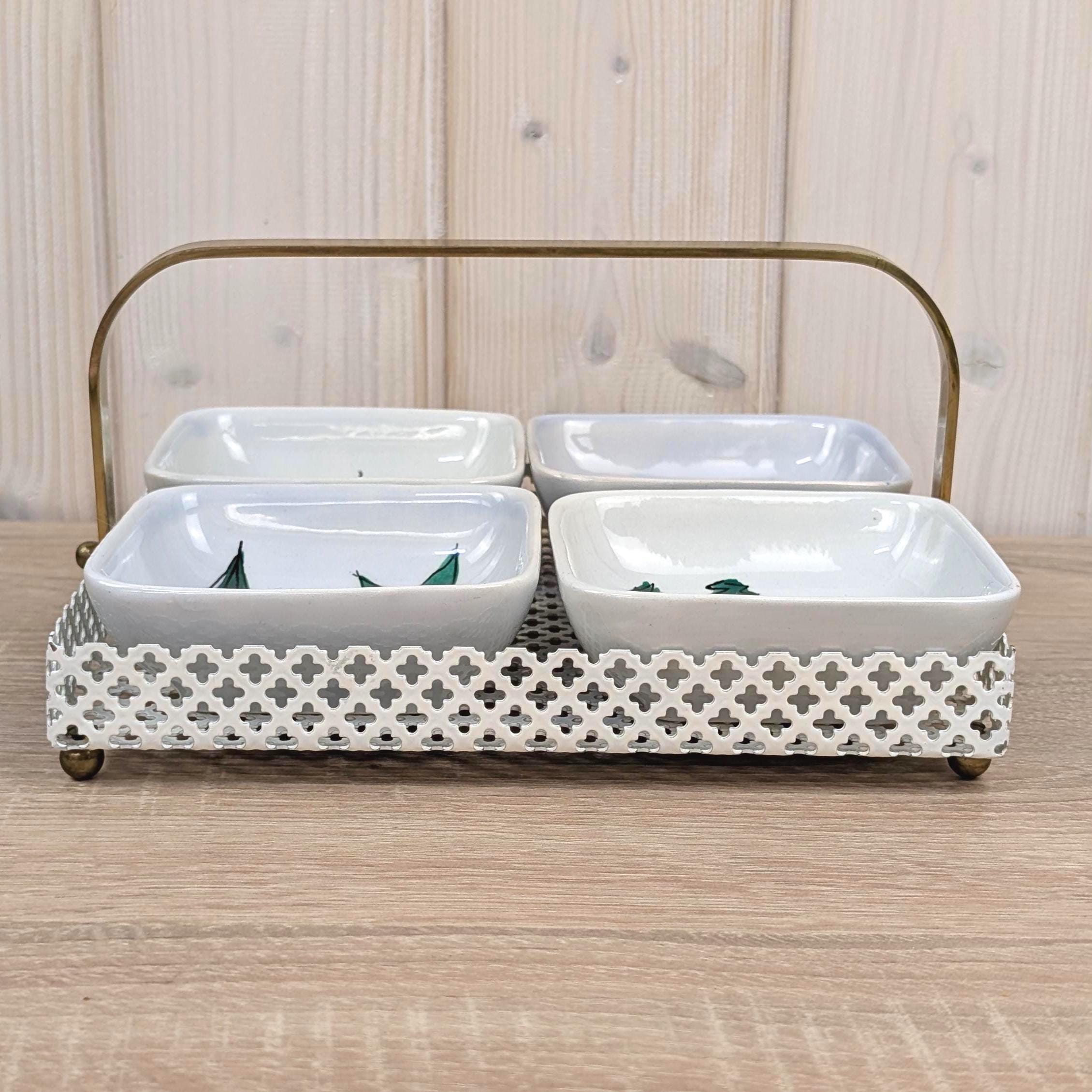 Schramberg SMF Dec 1180 Ceramic Snack Bowl Set with Metal Tray, Vintage 1950s West German Hand-Painted Pottery, Radish Veggie Motif