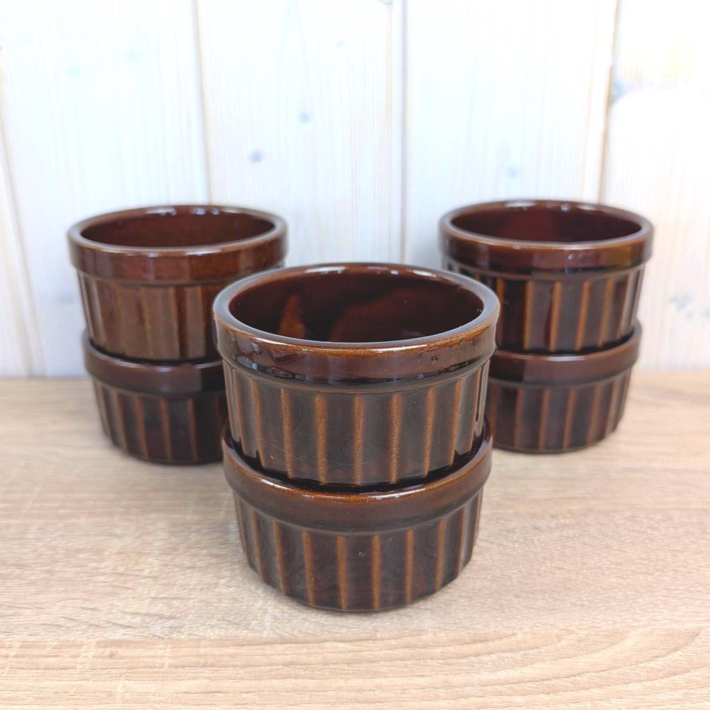 Set of 6 Vintage Ramekins, Scheurich 901, Brown Ribbed Glaze, West Germany, 1960s, Stoneware Baking Dishes, Mid Century Kitchen